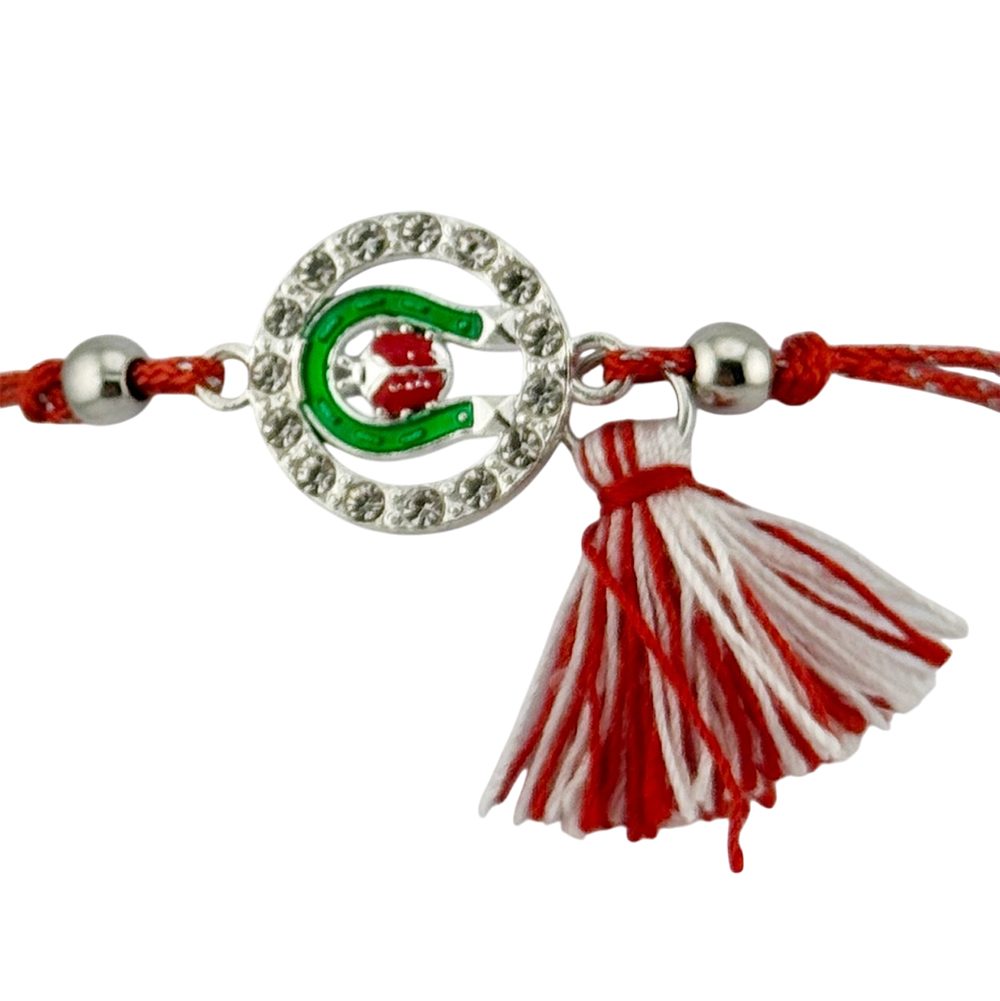 Martisor Bratara cu Ciucure pentru Dama, Jolie, Model Potcoava cu Buburuza in Cerc, Set 12 bucati, Pandativ din Inox cu