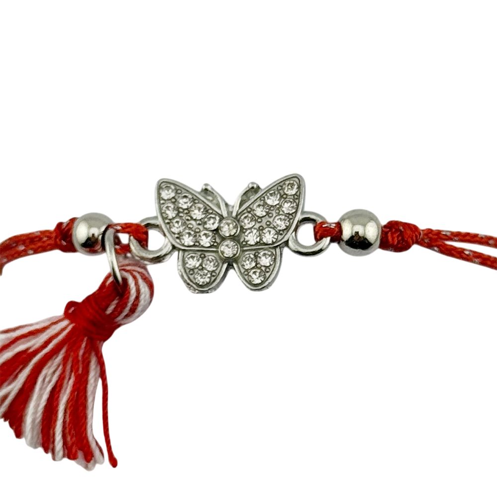 Martisor Bratara cu Ciucure pentru Dama, Jolie, Model Fluture cu Pietre, Set 12 bucati, Pandativ din Inox, Snur