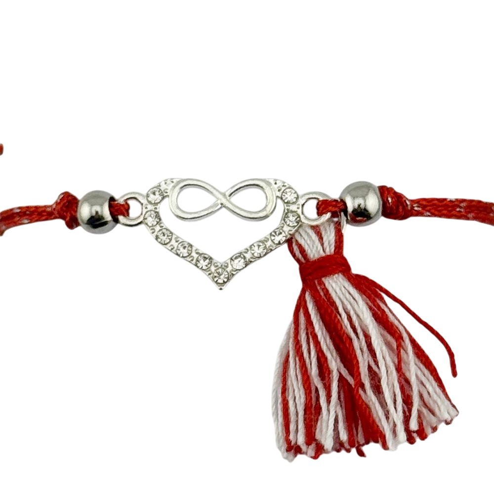 Martisor Bratara cu Ciucure pentru Dama, Jolie, Model Inima Infinit, Set 12 bucati, Pandativ din Inox cu Pietre, Snur