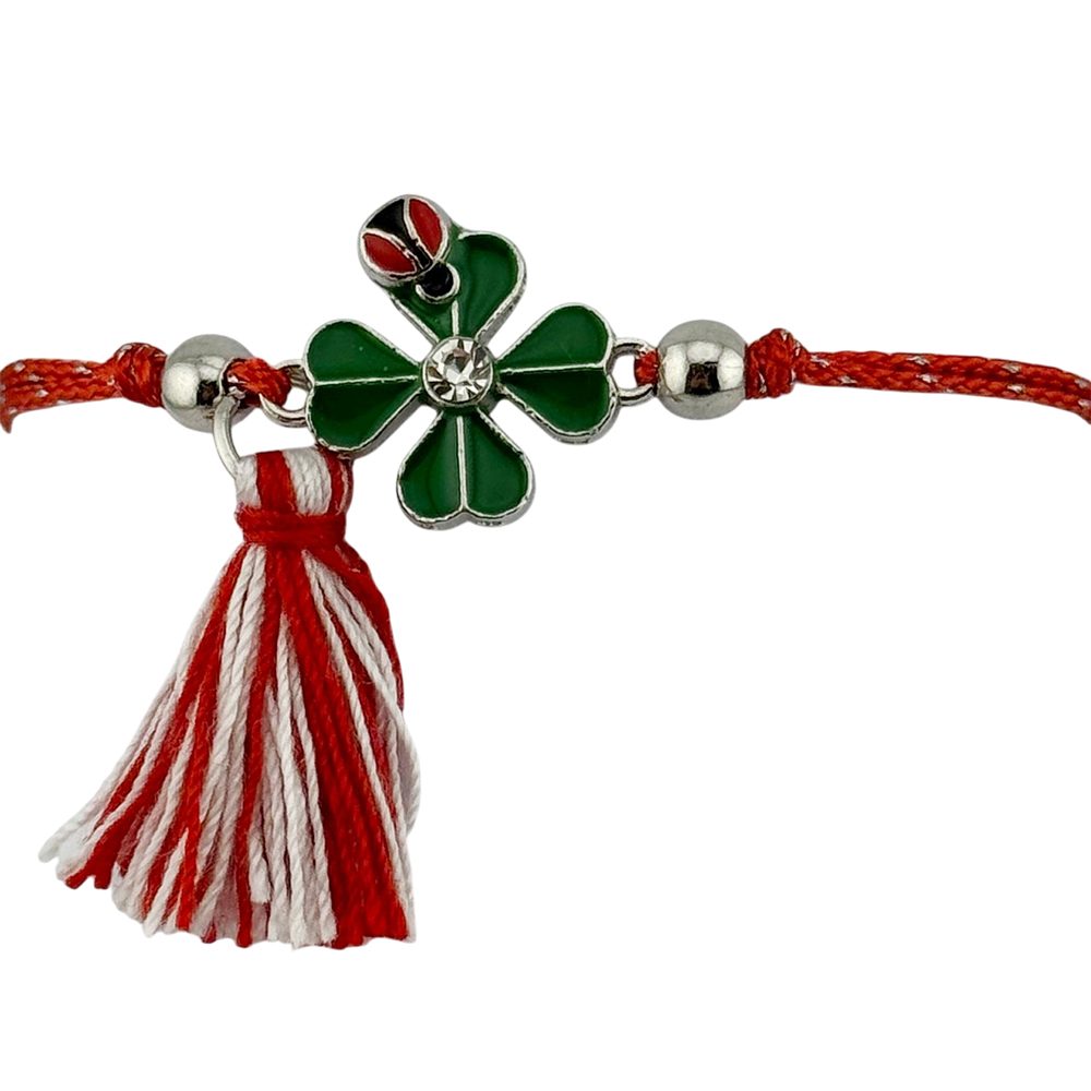 Martisor Bratara cu Ciucure pentru Dama, Jolie, Model Trifoi Verde cu Buburuza, Set 12 bucati, Pandativ din Inox cu