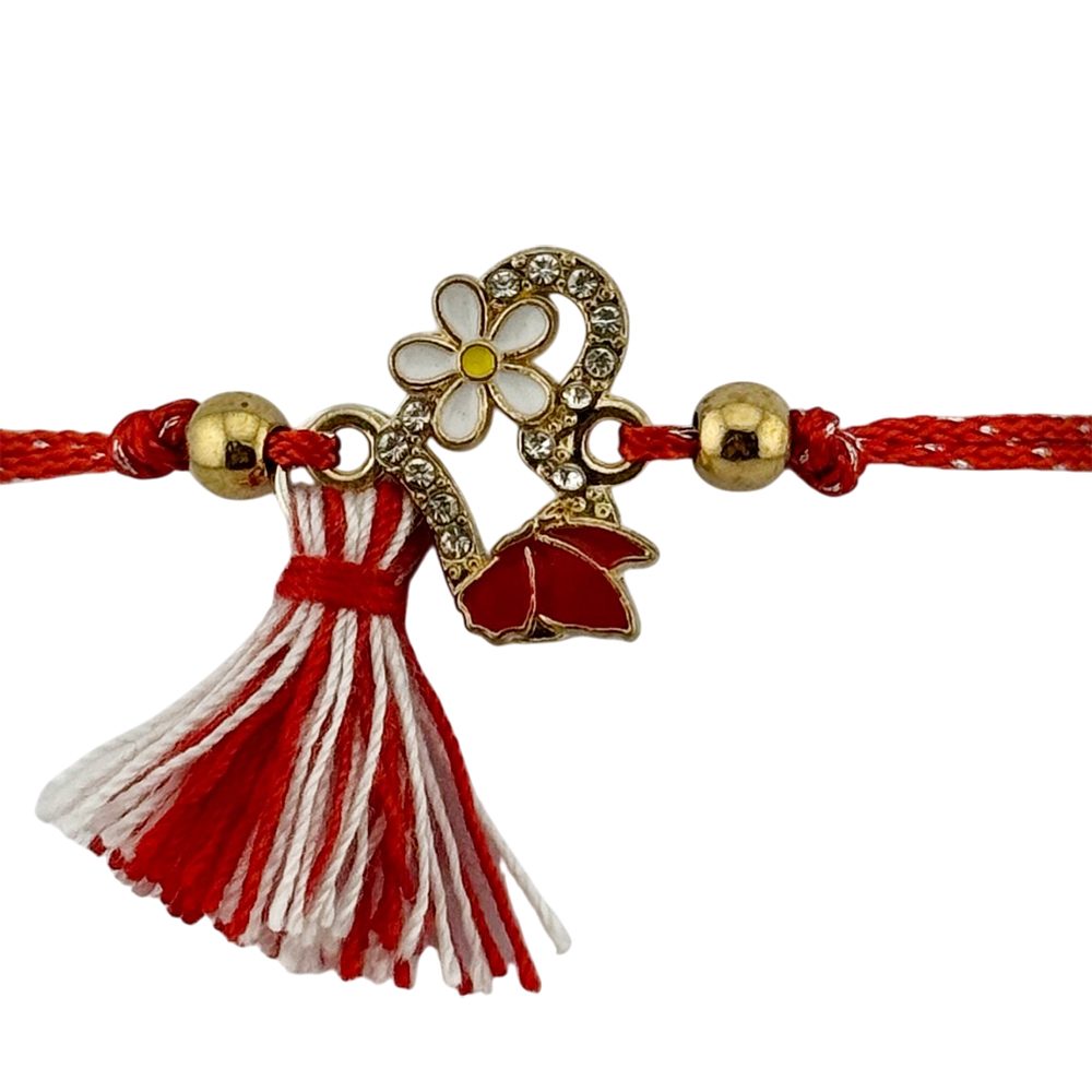 Martisor Bratara cu Ciucure pentru Dama, Jolie, Model Inima cu Margareta, Set 12 bucati, Pandativ din Inox cu Pietre,