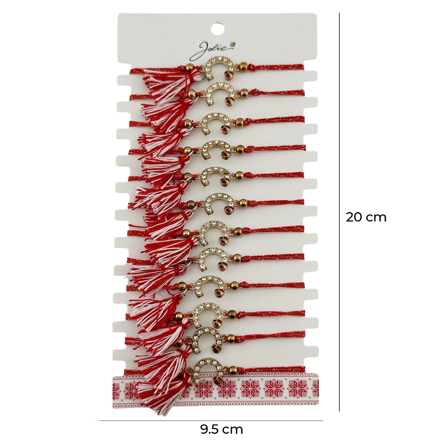 Martisor Bratara cu Ciucure pentru Dama, Jolie, Model Potcoava Buburuza, Set 12 bucati, Pandativ din Inox cu Pietre,