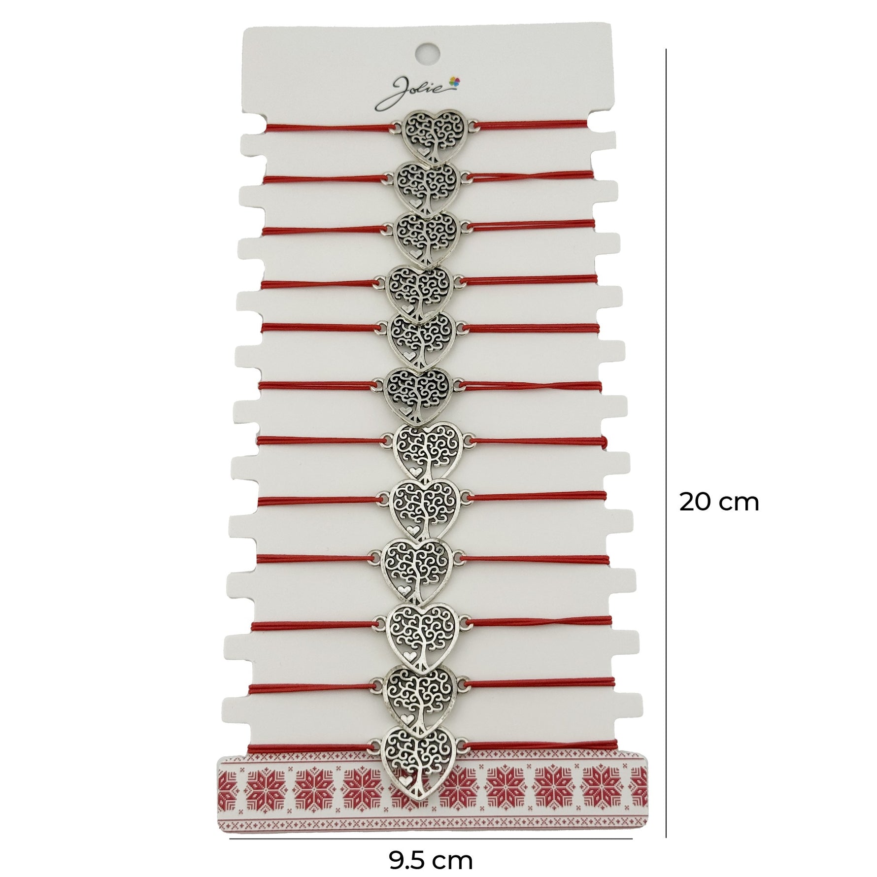 Bratara Martisor pentru Dama, Jolie, Model Copac in Inima, Set 12 bucati, Pandativ Argintiu din Inox cu Snur Rosu