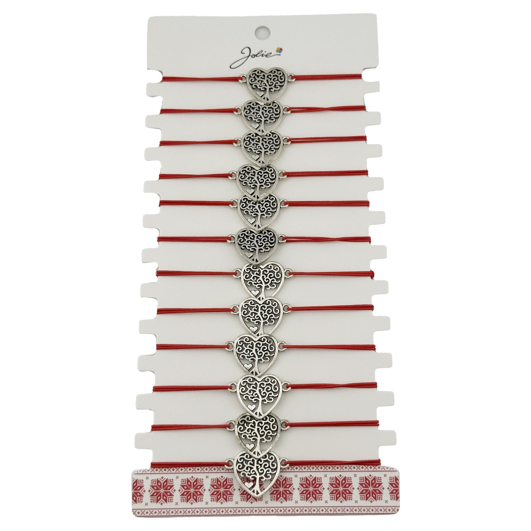 Bratara Martisor pentru Dama, Jolie, Model Copac in Inima, Set 12 bucati, Pandativ Argintiu din Inox cu Snur Rosu