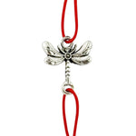 Martisor Bratara Elastica cu Pandantiv din Inox, Jolie, pentru Dama, Set 12 bucati, Snur Rosu Textil, Model Libelula