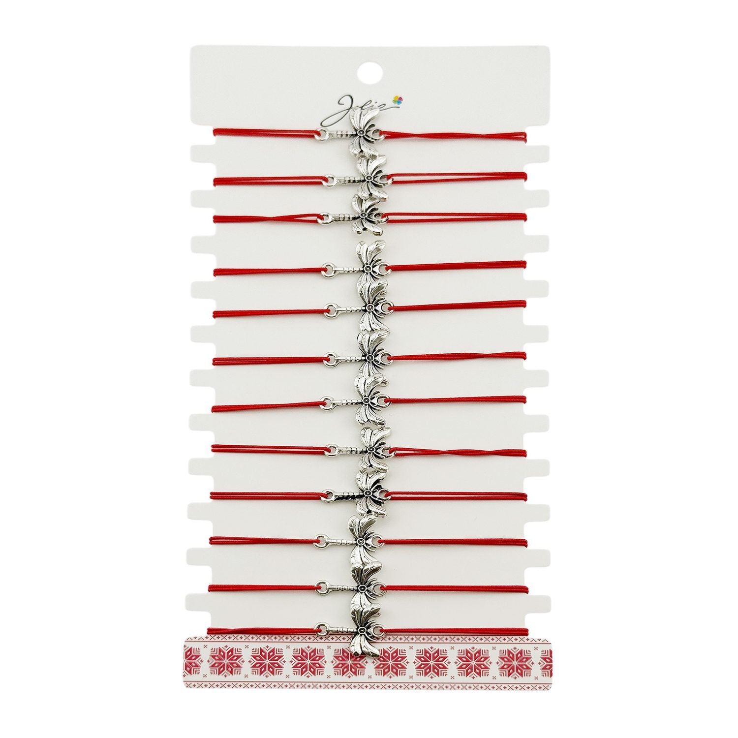 Martisor Bratara Elastica cu Pandantiv din Inox, Jolie, pentru Dama, Set 12 bucati, Snur Rosu Textil, Model Libelula