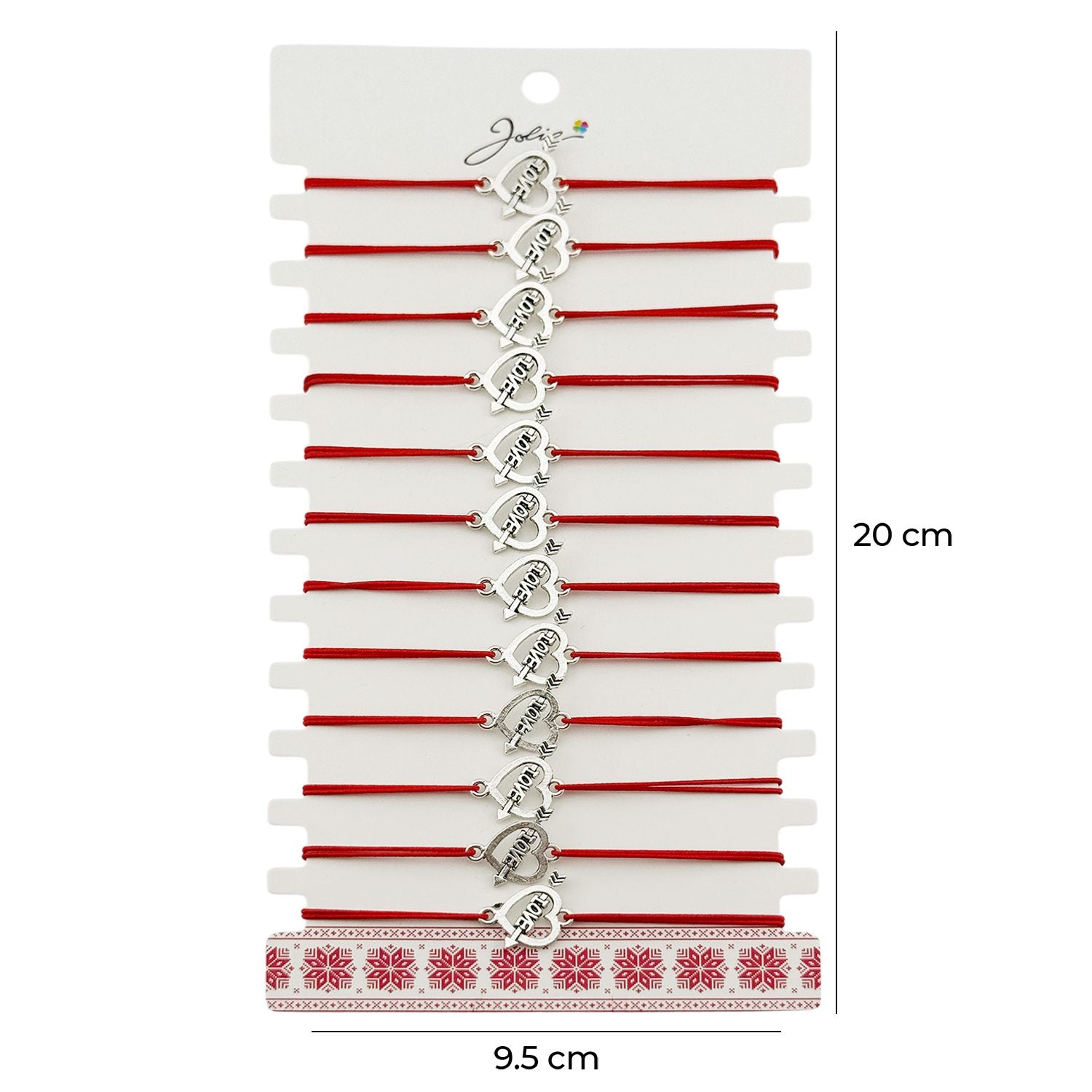 Martisor Bratara Elastica cu Pandantiv din Inox, Jolie, pentru Dama, Set 12 bucati, Snur Rosu Textil, Model Inima Love