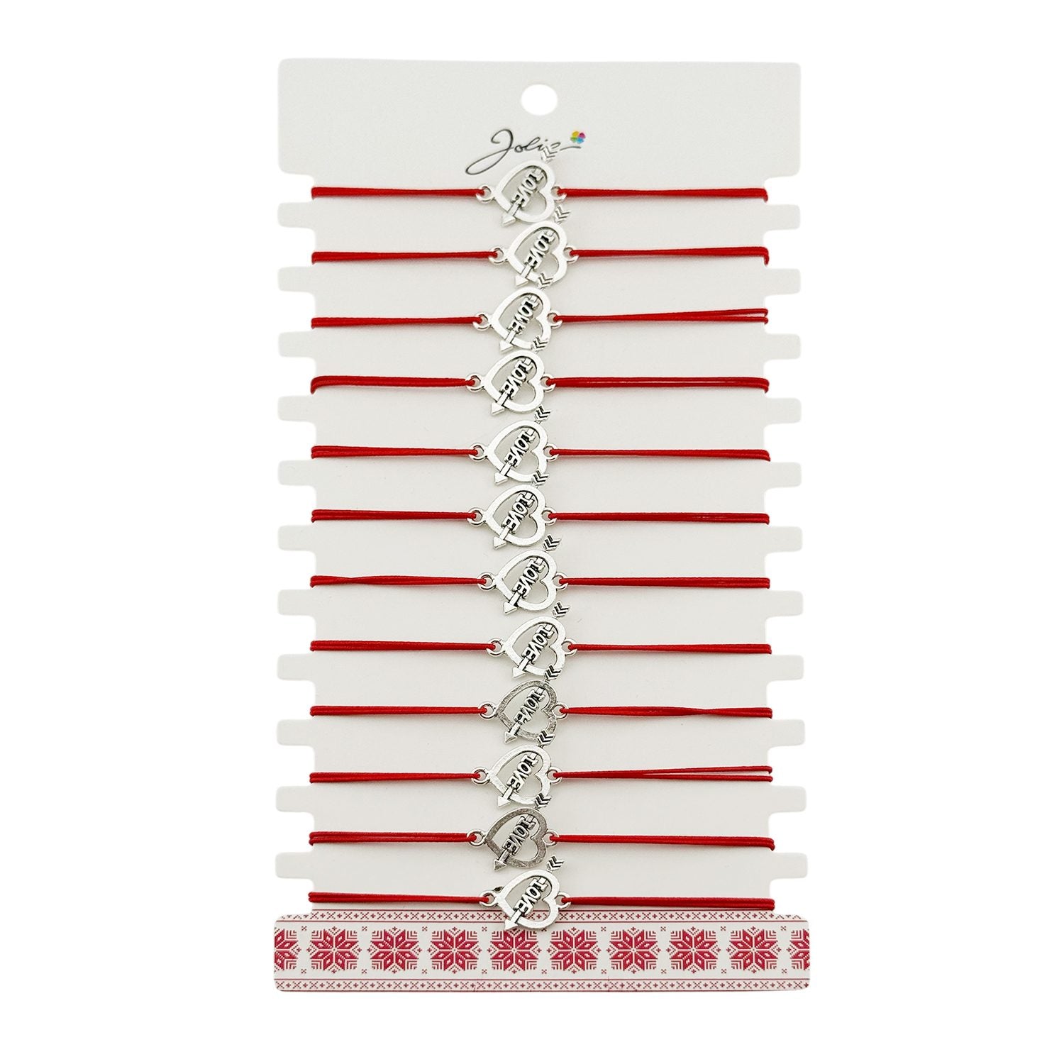 Martisor Bratara Elastica cu Pandantiv din Inox, Jolie, pentru Dama, Set 12 bucati, Snur Rosu Textil, Model Inima Love