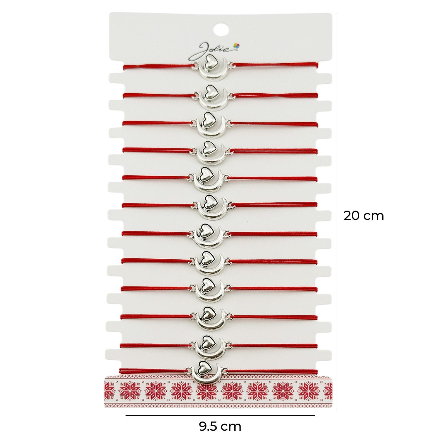 Martisor Bratara Elastica cu Pandantiv din Inox, Jolie, pentru Dama, Set 12 bucati, Snur Rosu Textil, Model Inima Luna