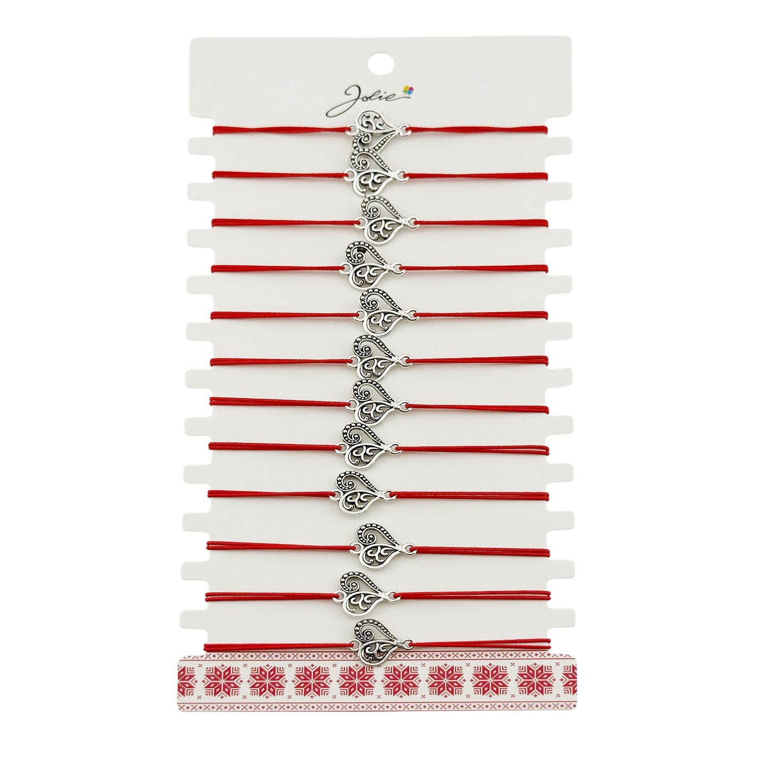 Martisor Bratara Elastica cu Pandantiv din Inox, Jolie, pentru Dama, Set 12 bucati, Snur Rosu Textil, Model Inima
