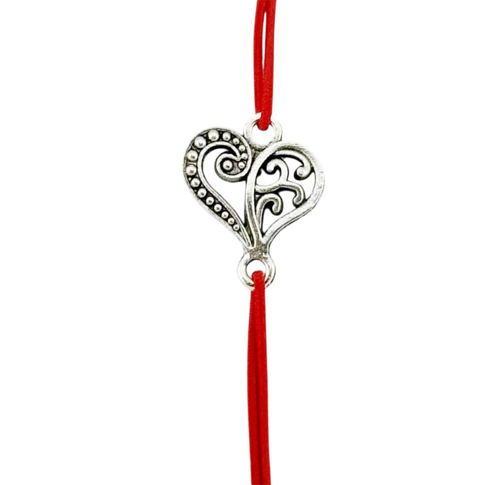 Martisor Bratara Elastica cu Pandantiv din Inox, Jolie, pentru Dama, Set 12 bucati, Snur Rosu Textil, Model Inima