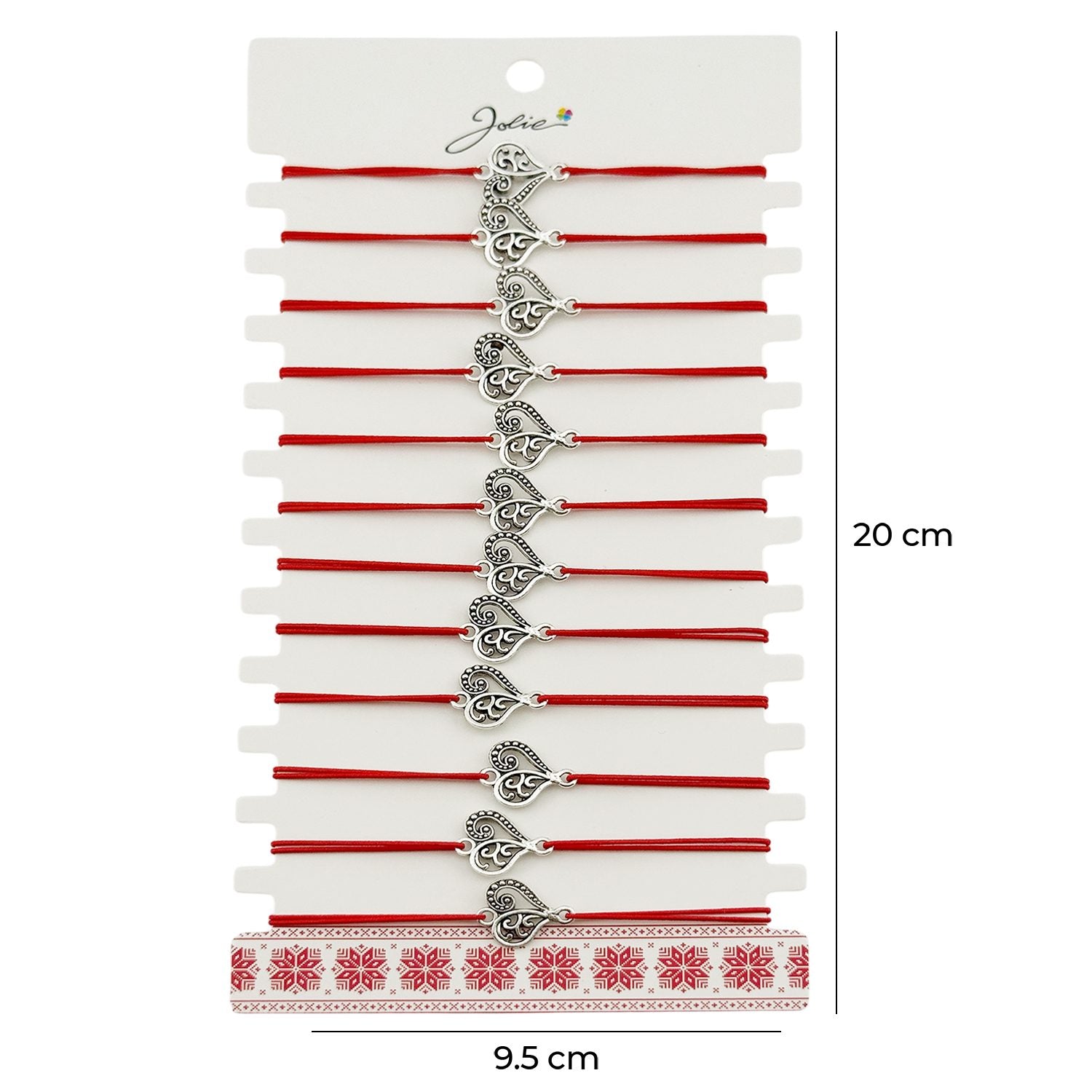 Martisor Bratara Elastica cu Pandantiv din Inox, Jolie, pentru Dama, Set 12 bucati, Snur Rosu Textil, Model Inima
