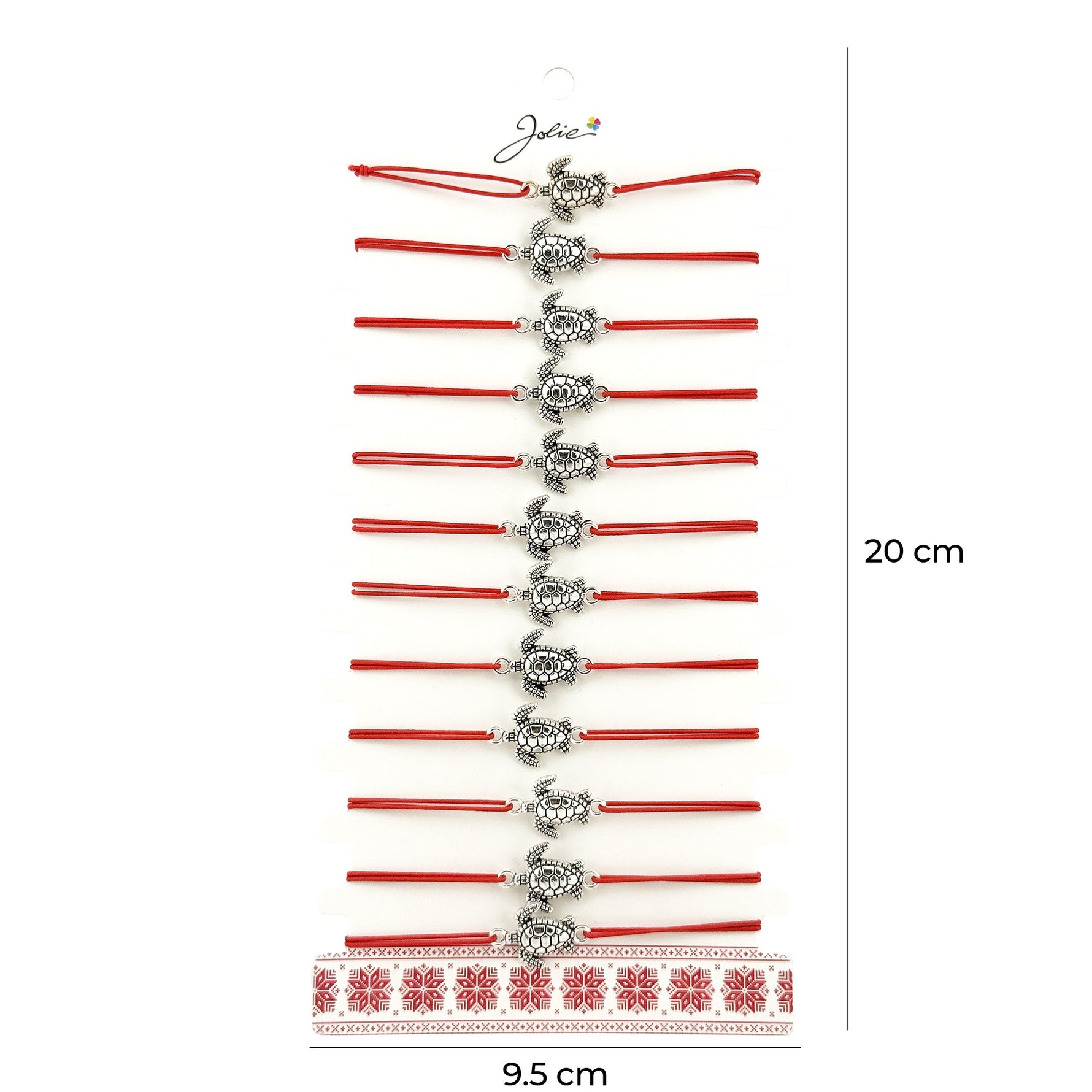 Bratara Martisor pentru Dama, Jolie, Model Broasca Testoasa, Set 12 bucati, Pandativ Argintiu din Inox cu Snur Rosu