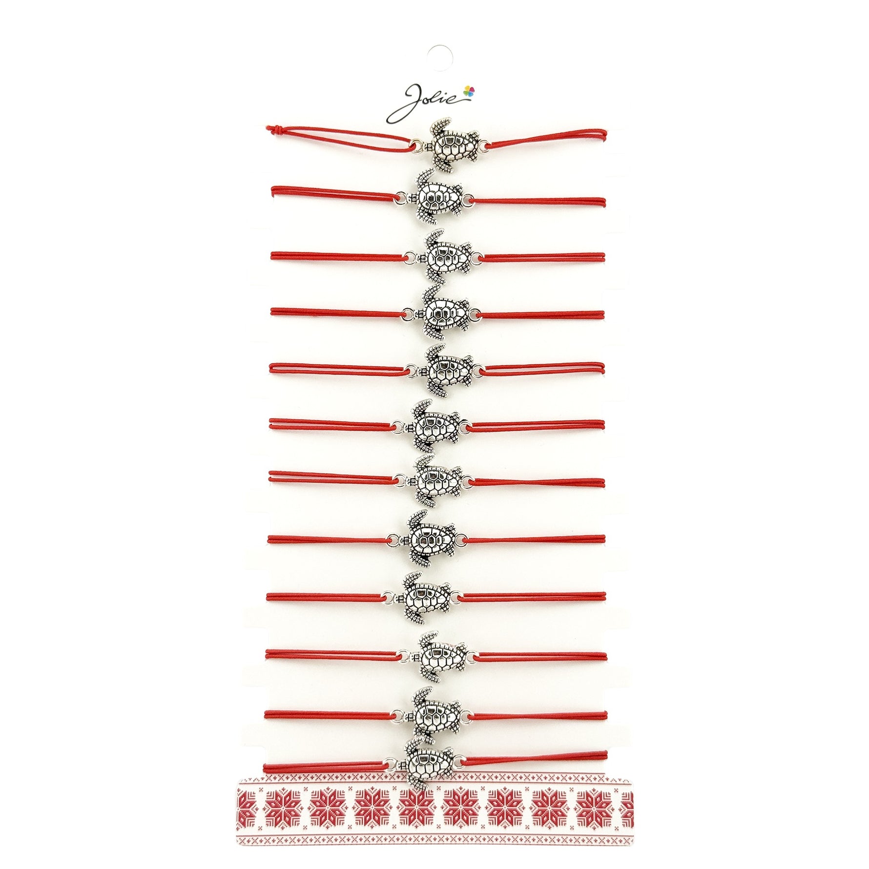 Bratara Martisor pentru Dama, Jolie, Model Broasca Testoasa, Set 12 bucati, Pandativ Argintiu din Inox cu Snur Rosu
