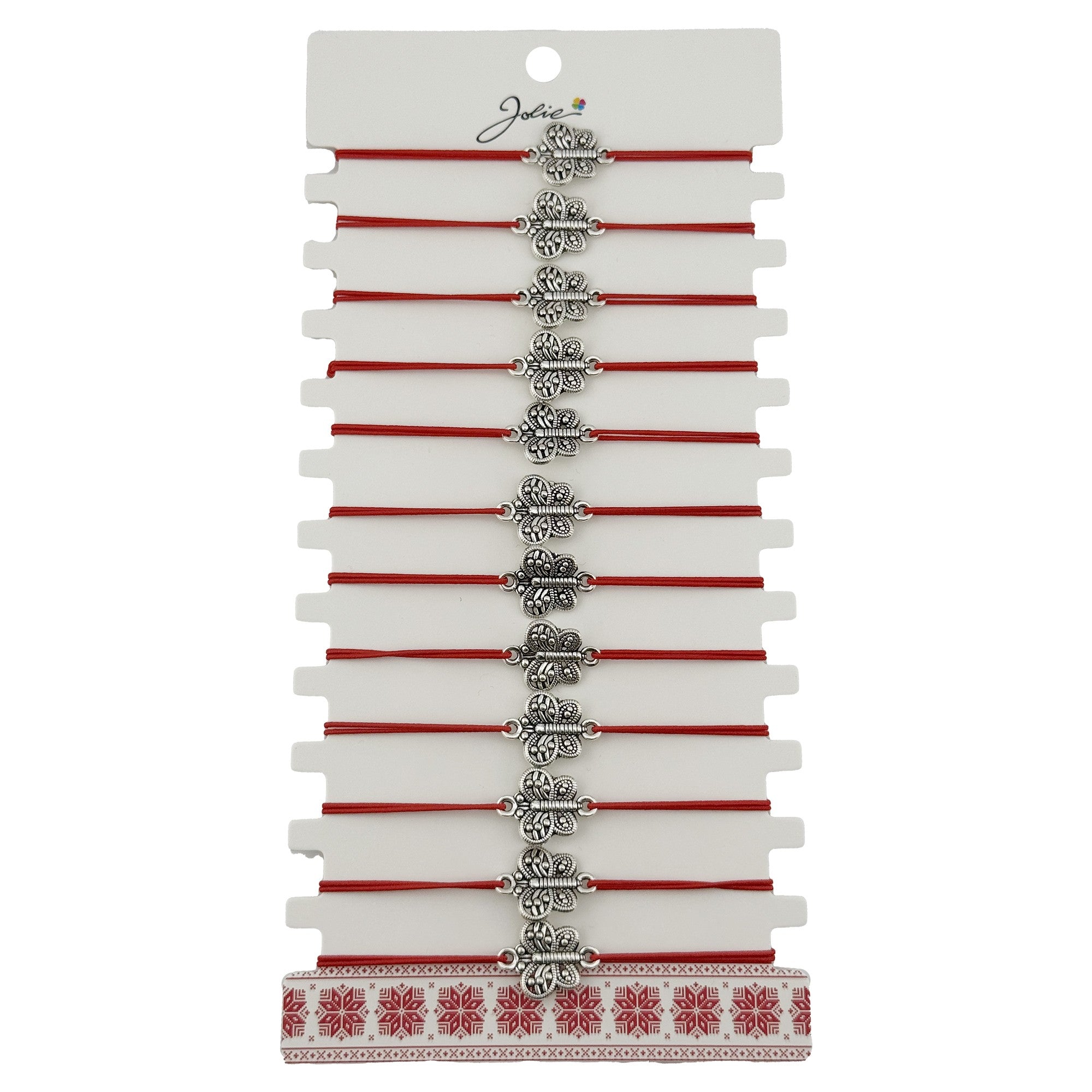 Bratara Martisor pentru Dama, Jolie, Model Fluturas, Set 12 bucati, Pandativ Argintiu din Inox cu Snur Rosu Ajustabil
