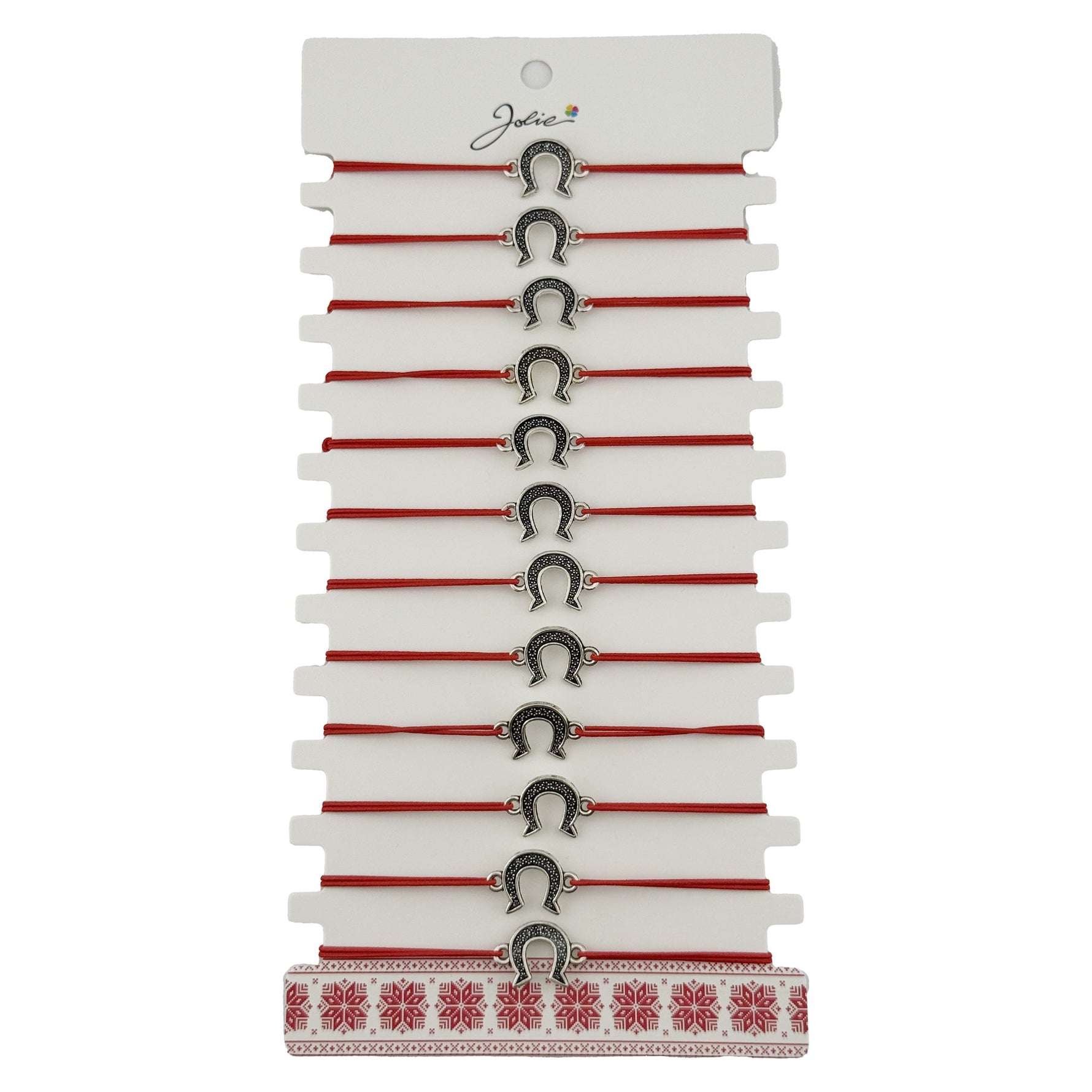 Bratara Martisor pentru Dama, Jolie, Model Potcoava, Set 12 bucati, Pandativ Argintiu din Inox cu Snur Rosu Ajustabil