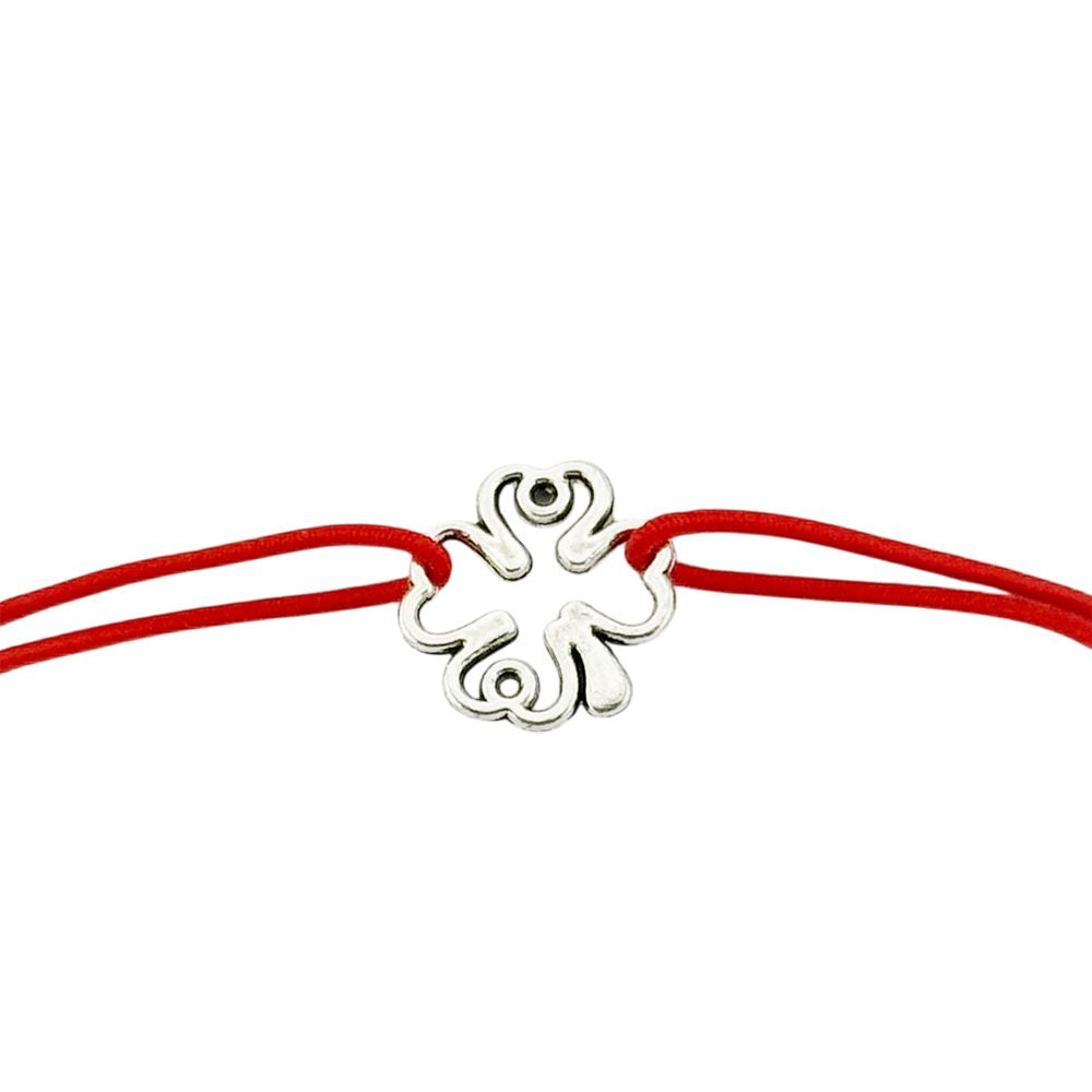 Martisor Bratara Elastica cu Pandantiv din Inox, Jolie, pentru Dama, Set 12 bucati, Snur Rosu Textil, Model Trifoi cu