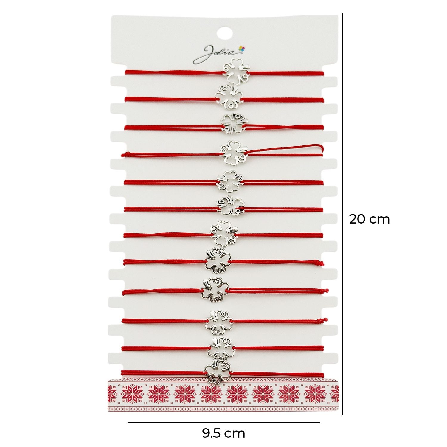 Martisor Bratara Elastica cu Pandantiv din Inox, Jolie, pentru Dama, Set 12 bucati, Snur Rosu Textil, Model Trifoi cu