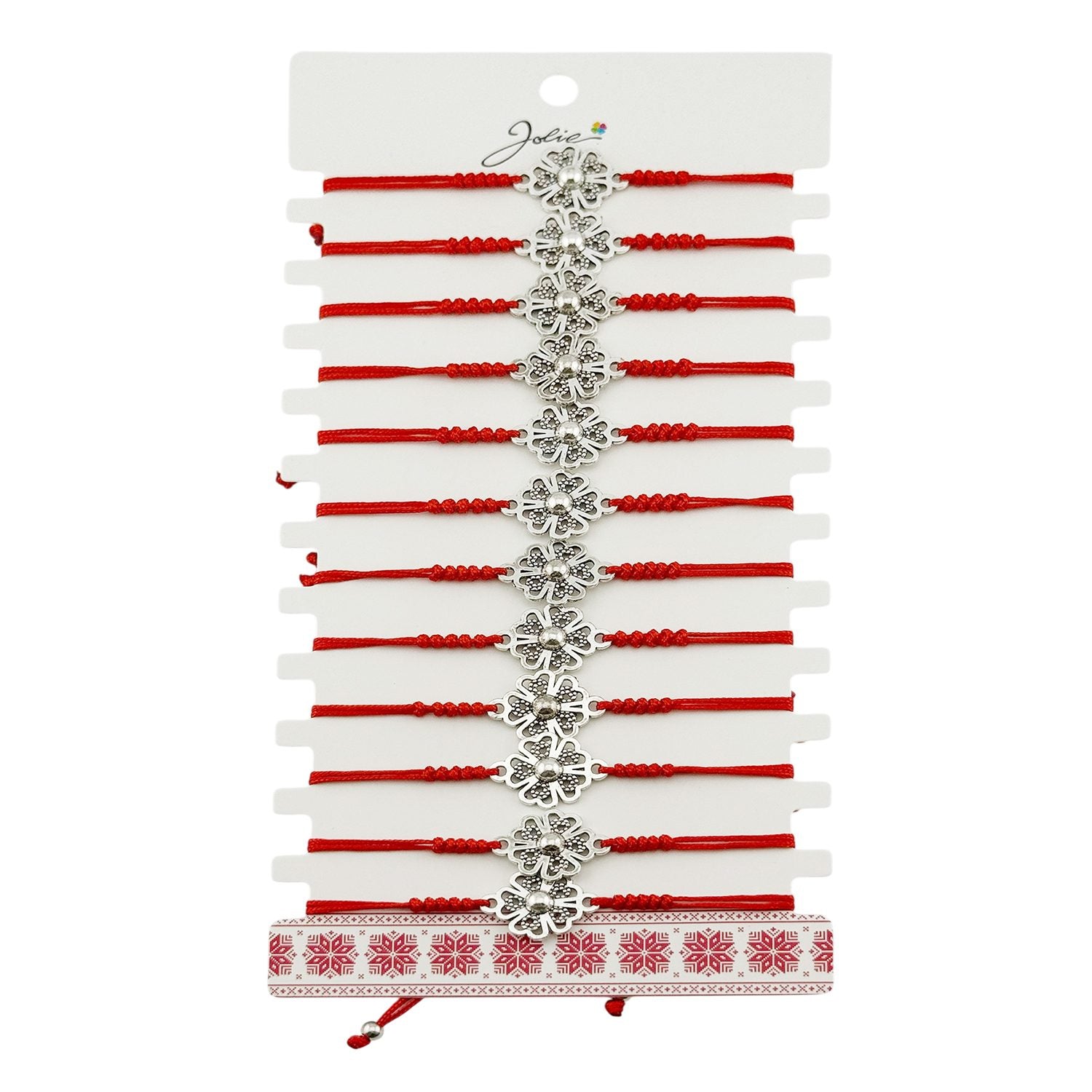 Martisor Bratara Impletita cu Pandantiv din Inox, Jolie, pentru Dama, Set 12 bucati, Snur Rosu Textil, Dimensiune