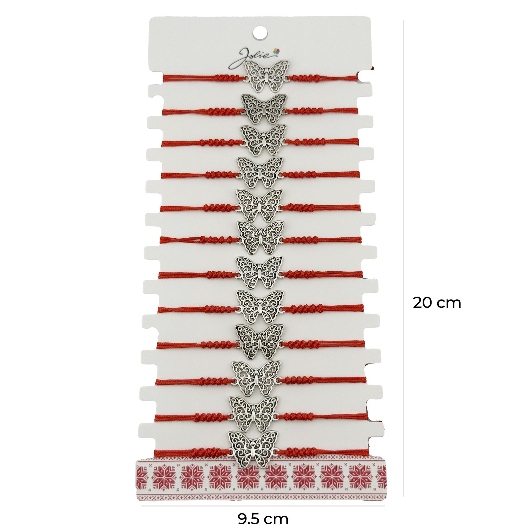 Bratara Martisor pentru Dama, Jolie, Model Fluture, Set 12 bucati, Pandativ Argintiu din Inox cu Snur Rosu Ajustabil