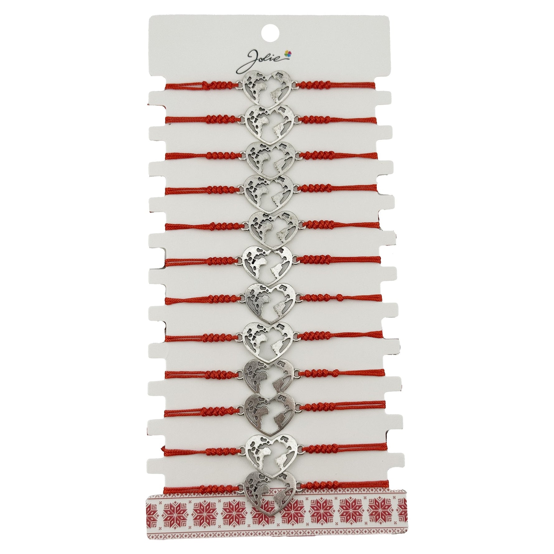 Bratara Martisor pentru Dama, Jolie, Model Inima Glob, Set 12 bucati, Pandativ Argintiu din Inox cu Snur Rosu Ajustabil