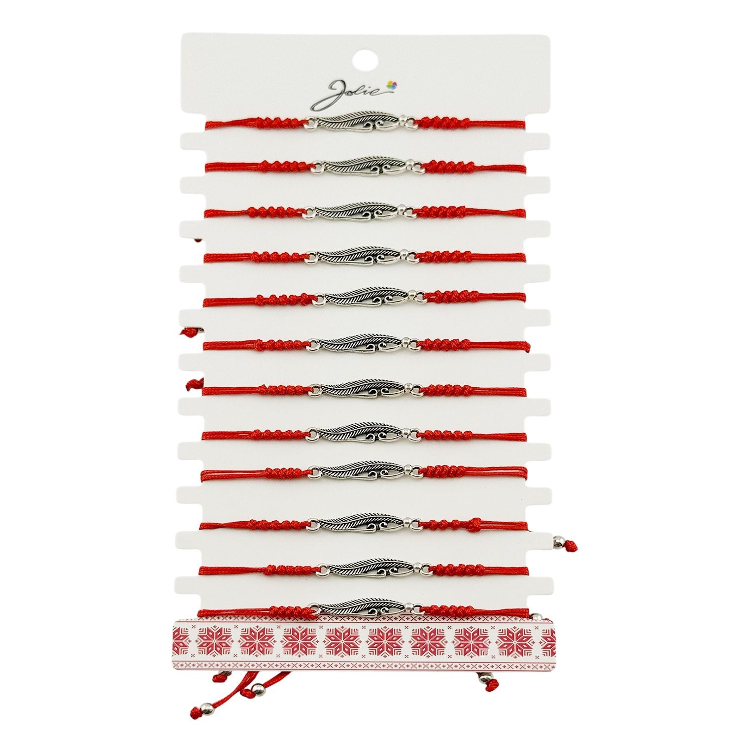Martisor Bratara Impletita cu Pandantiv din Inox, Jolie, pentru Dama, Set 12 bucati, Snur Rosu Textil, Dimensiune