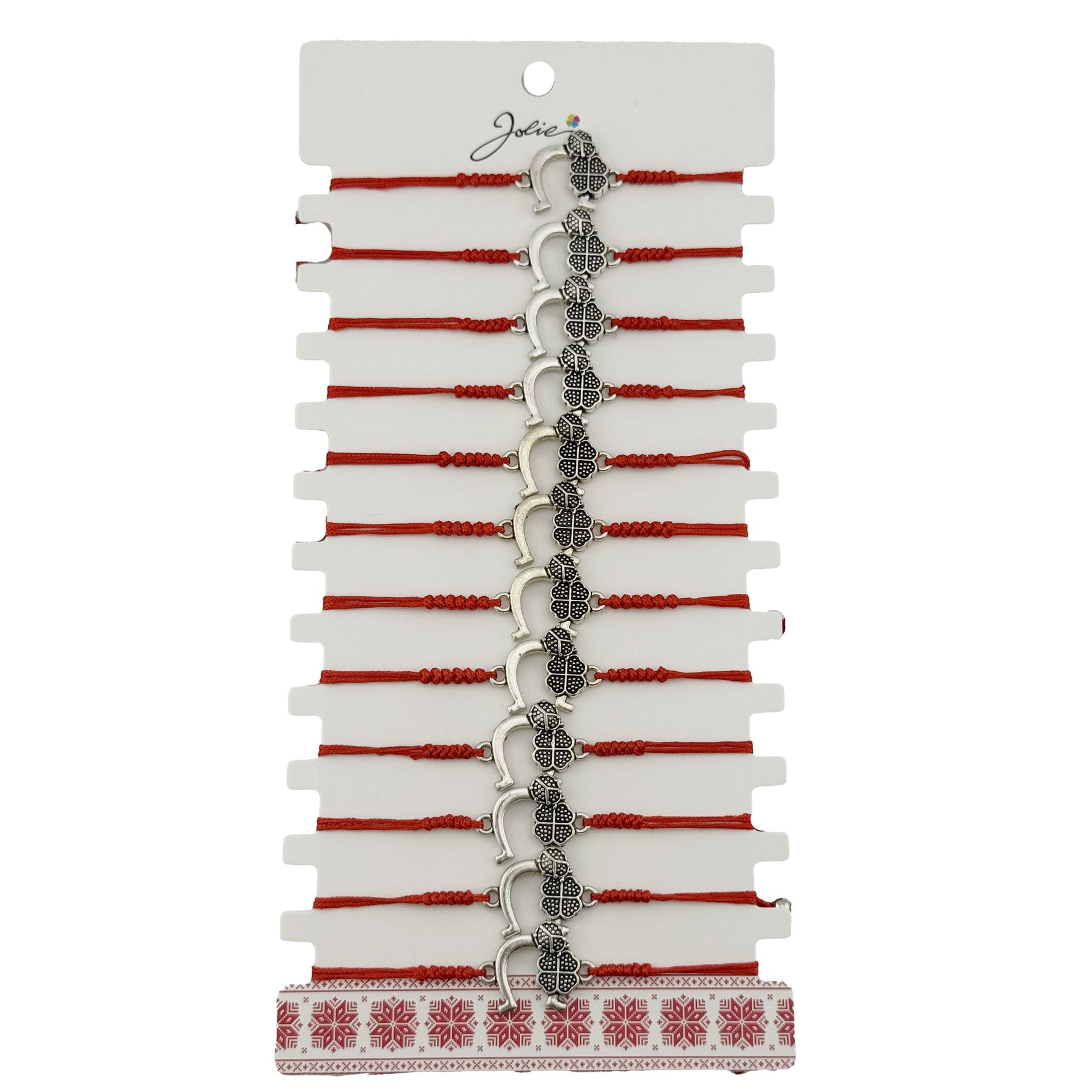 Bratara Martisor pentru Dama, Jolie, Model Potcoava cu Trifoi, Set 12 bucati, Pandativ Argintiu din Inox cu Snur Rosu