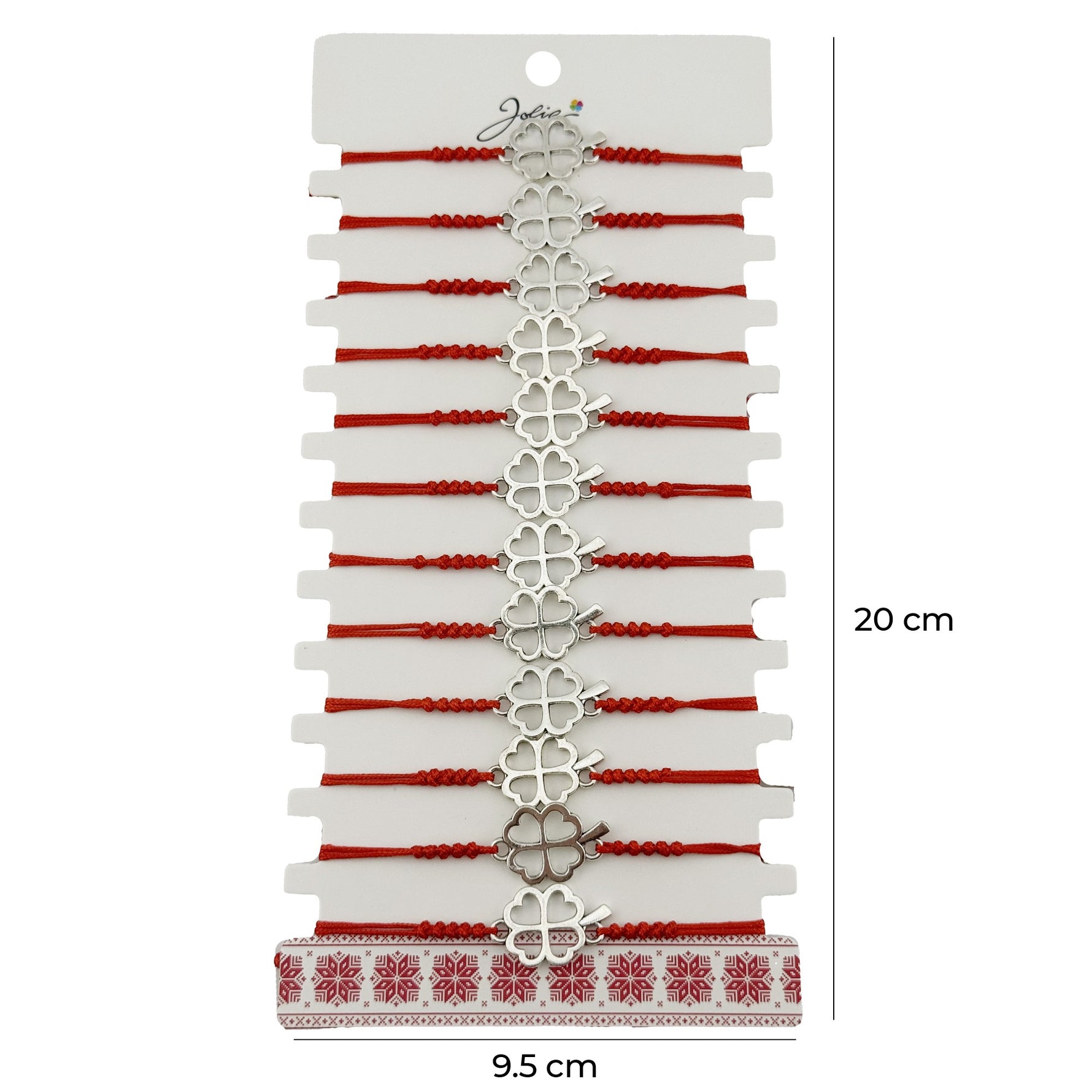 Bratara Martisor pentru Dama, Jolie, Model Trifoi in Contur, Set 12 bucati, Pandativ Argintiu din Inox cu Snur Rosu