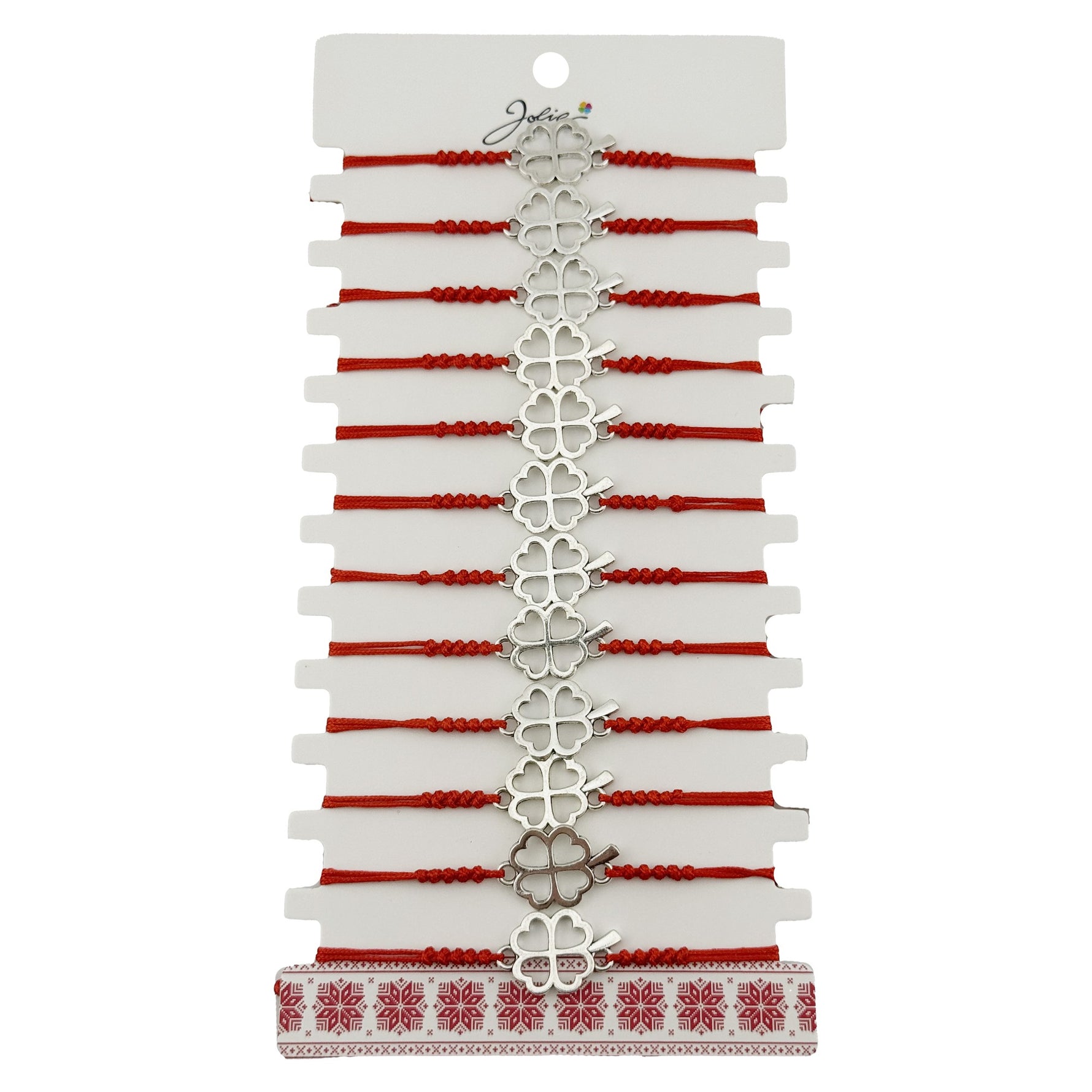 Bratara Martisor pentru Dama, Jolie, Model Trifoi in Contur, Set 12 bucati, Pandativ Argintiu din Inox cu Snur Rosu