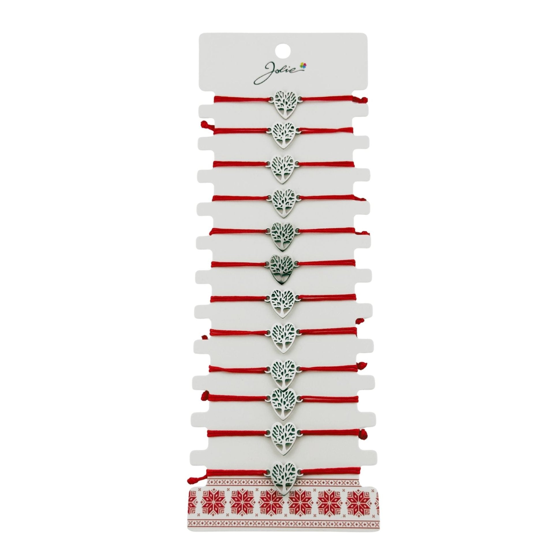 Bratara Martisor pentru Dama, Jolie, Model Copac in Inima, Set 12 bucati, Pandativ Argintiu din Inox cu Snur Rosu
