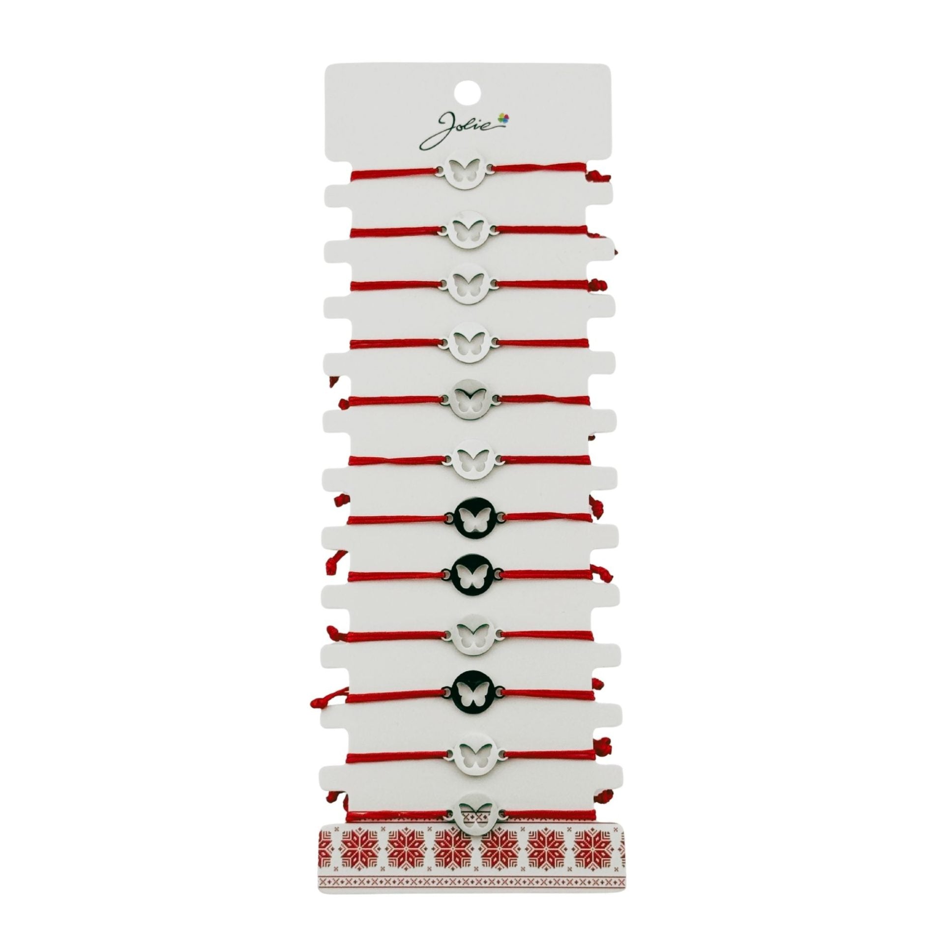 Bratara Martisor pentru Dama, Jolie, Model Fluture in Cerc, Set 12 bucati, Pandativ Argintiu din Inox cu Snur Rosu