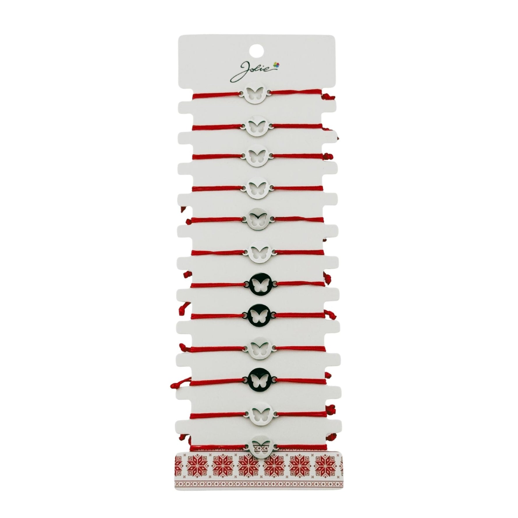Bratara Martisor pentru Dama, Jolie, Model Fluture in Cerc, Set 12 bucati, Pandativ Argintiu din Inox cu Snur Rosu