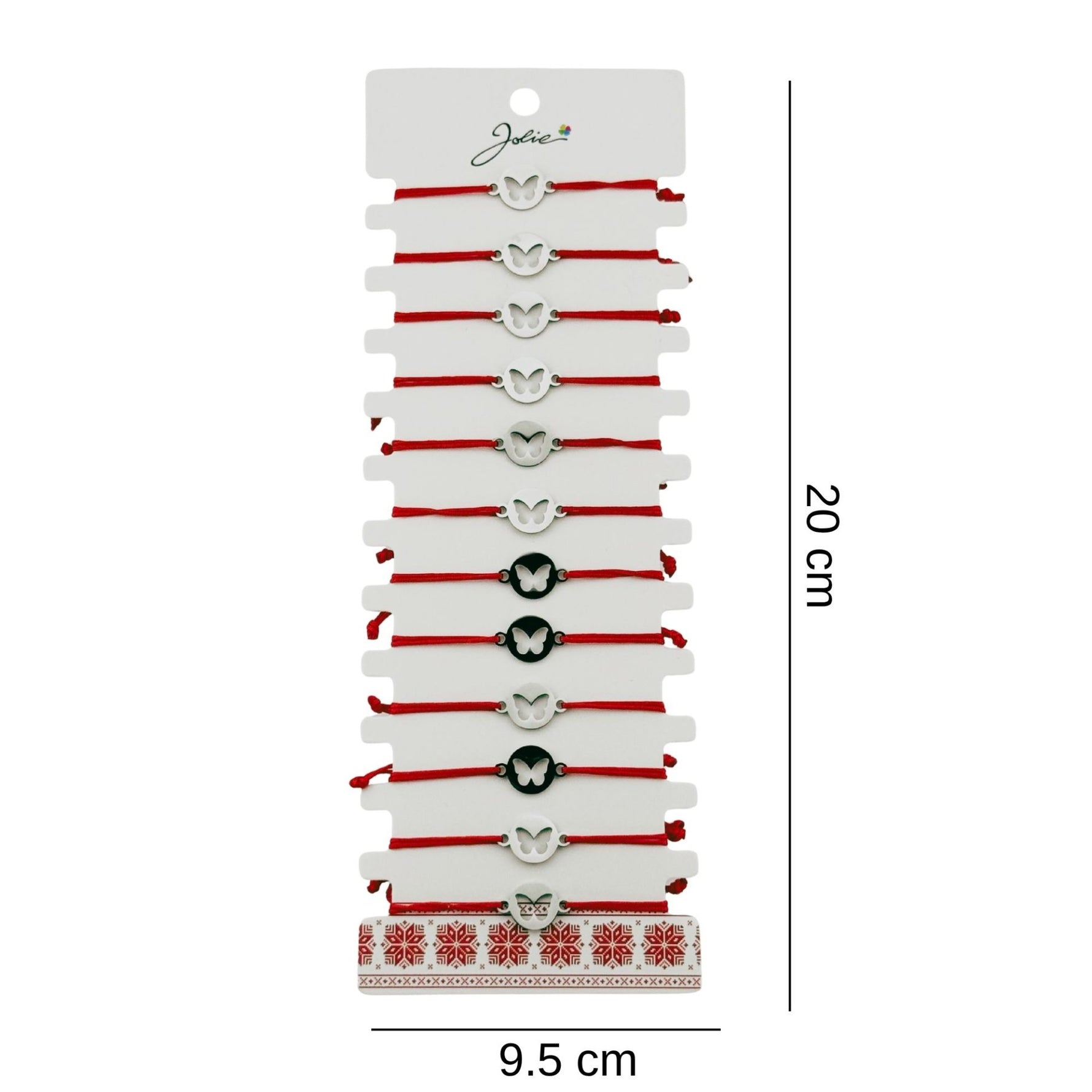 Bratara Martisor pentru Dama, Jolie, Model Fluture in Cerc, Set 12 bucati, Pandativ Argintiu din Inox cu Snur Rosu