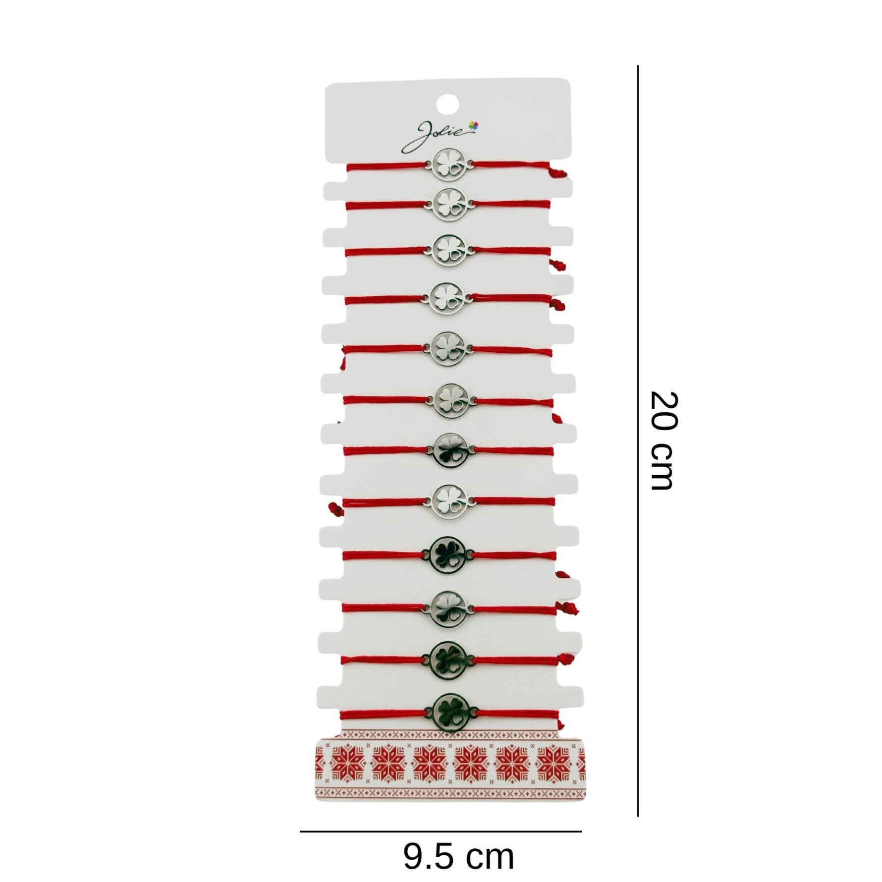 Bratara Martisor pentru Dama, Jolie, Model Trifoi cu Inima, Set 12 bucati, Pandativ Argintiu din Inox cu Snur Rosu