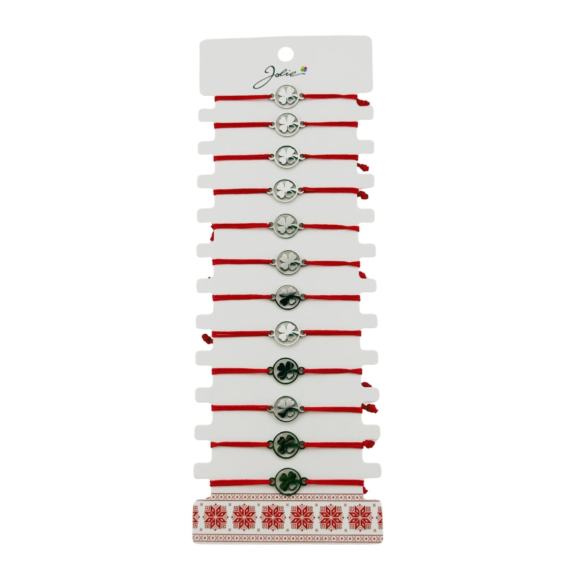 Bratara Martisor pentru Dama, Jolie, Model Trifoi cu Inima, Set 12 bucati, Pandativ Argintiu din Inox cu Snur Rosu