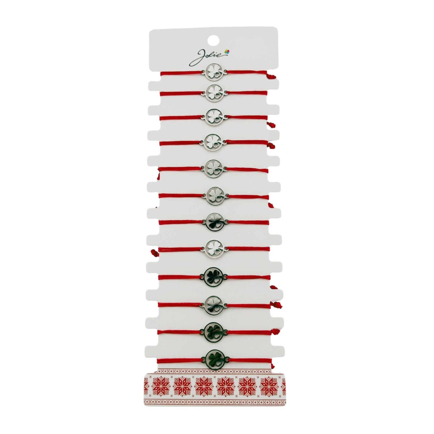 Bratara Martisor pentru Dama, Jolie, Model Trifoi cu Inima, Set 12 bucati, Pandativ Argintiu din Inox cu Snur Rosu