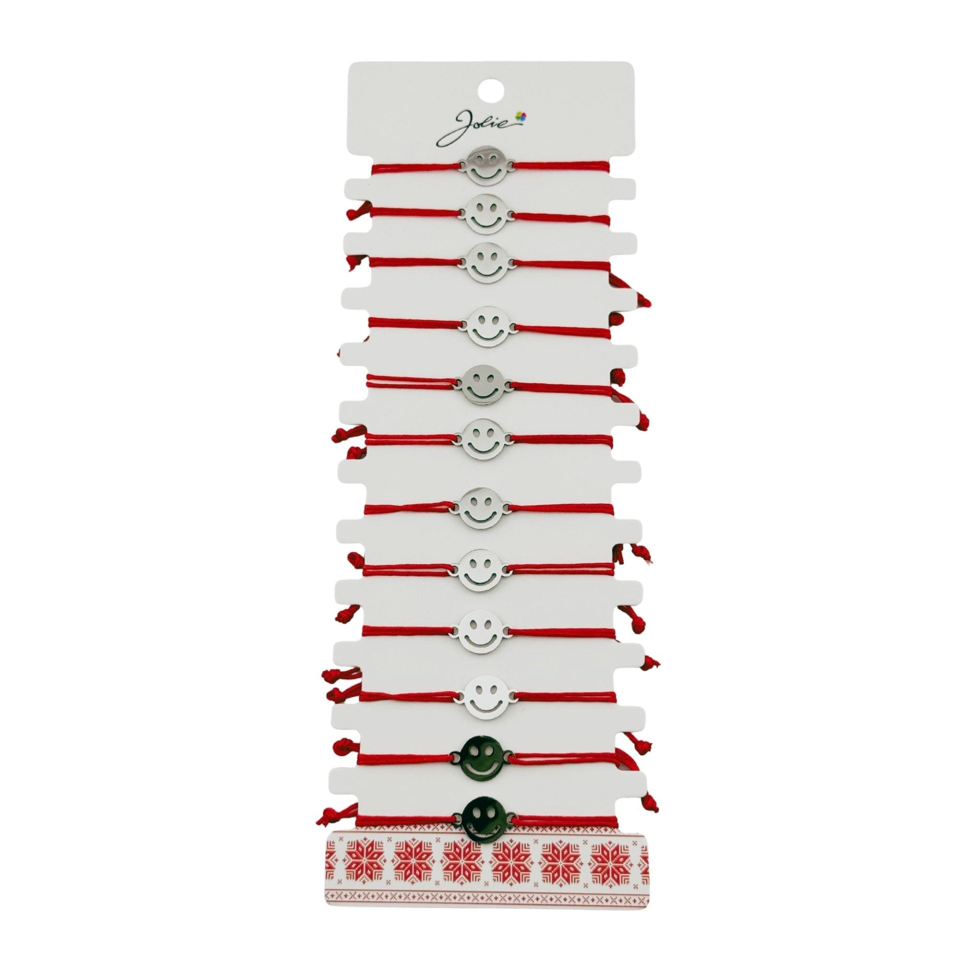Bratara Martisor pentru Dama, Jolie, Model Smile, Set 12 bucati, Pandativ Argintiu din Inox cu Snur Rosu Ajustabil