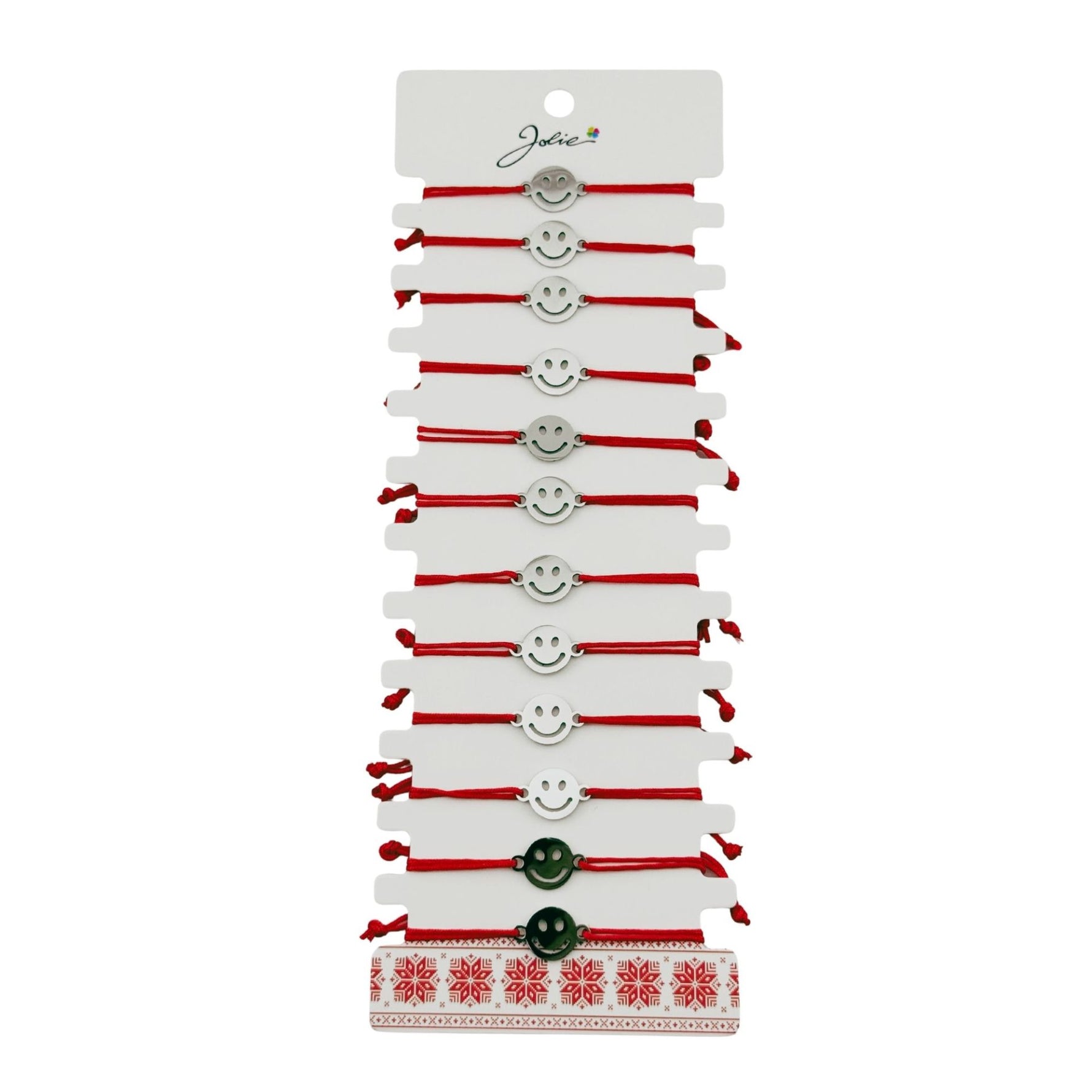 Bratara Martisor pentru Dama, Jolie, Model Smile, Set 12 bucati, Pandativ Argintiu din Inox cu Snur Rosu Ajustabil