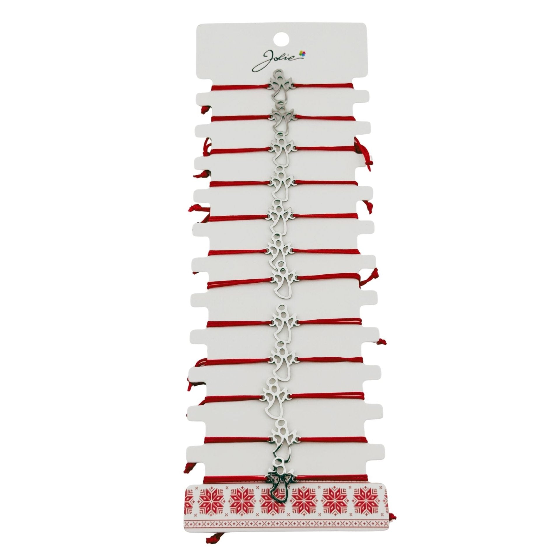 Bratara Martisor pentru Dama, Jolie, Model Inger, Set 12 bucati, Pandativ Argintiu din Inox cu Snur Rosu Ajustabil