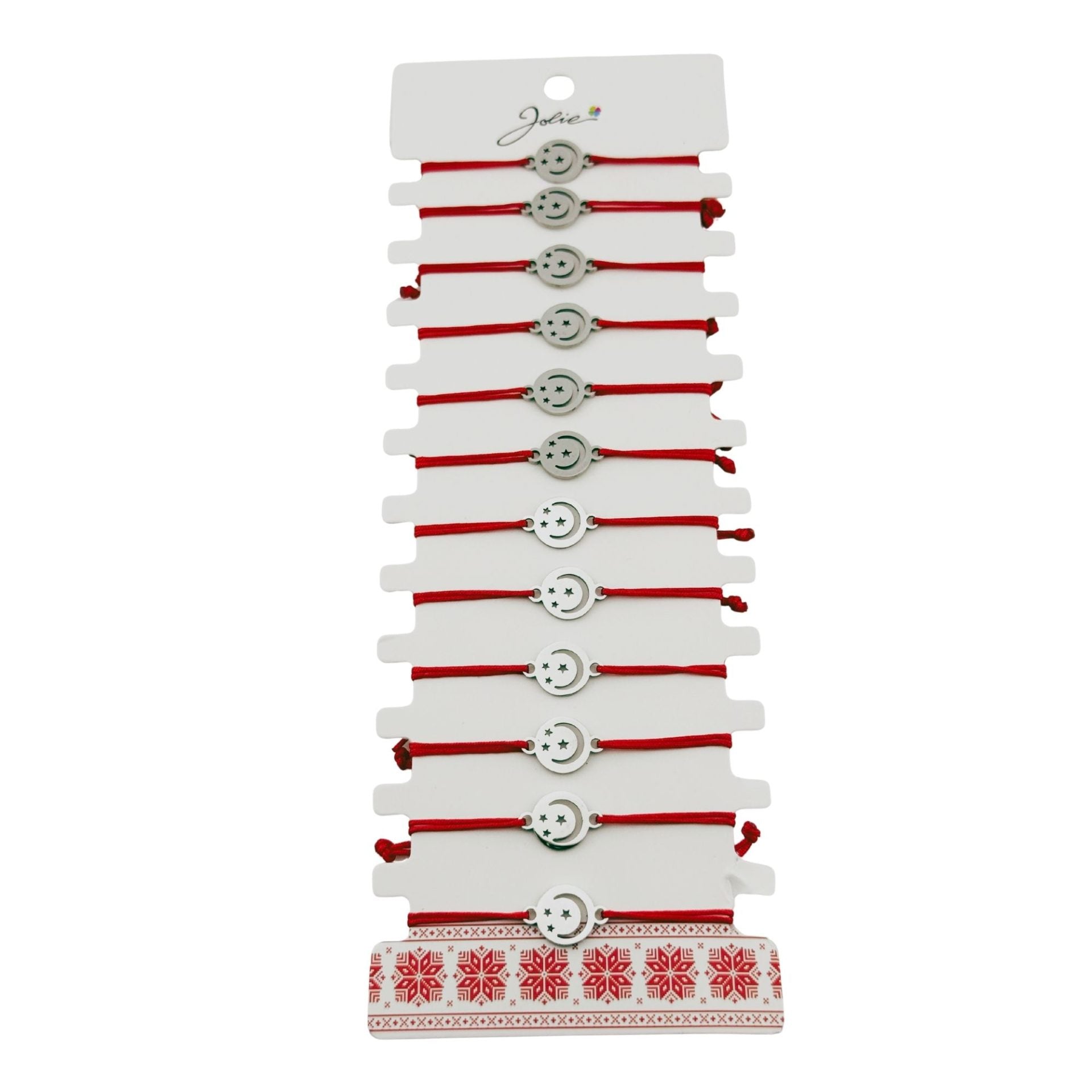 Bratara Martisor pentru Dama, Jolie, Model Luna in Cerc, Set 12 bucati, Pandativ Argintiu din Inox cu Snur Rosu