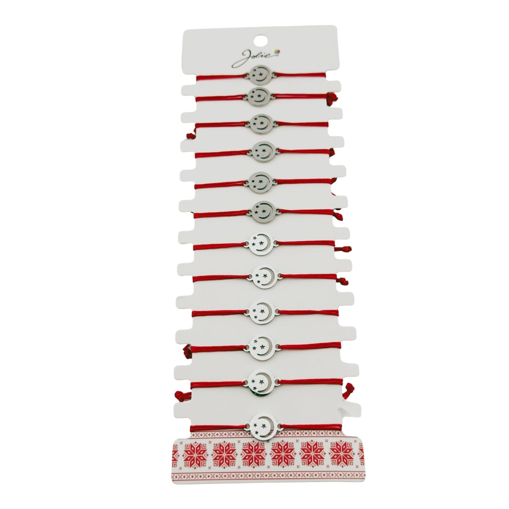 Bratara Martisor pentru Dama, Jolie, Model Luna in Cerc, Set 12 bucati, Pandativ Argintiu din Inox cu Snur Rosu