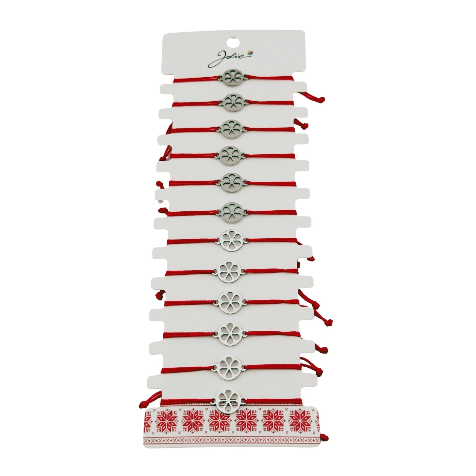 Bratara Martisor pentru Dama, Jolie, Model Floare in Cerc, Set 12 bucati, Pandativ Argintiu din Inox cu Snur Rosu