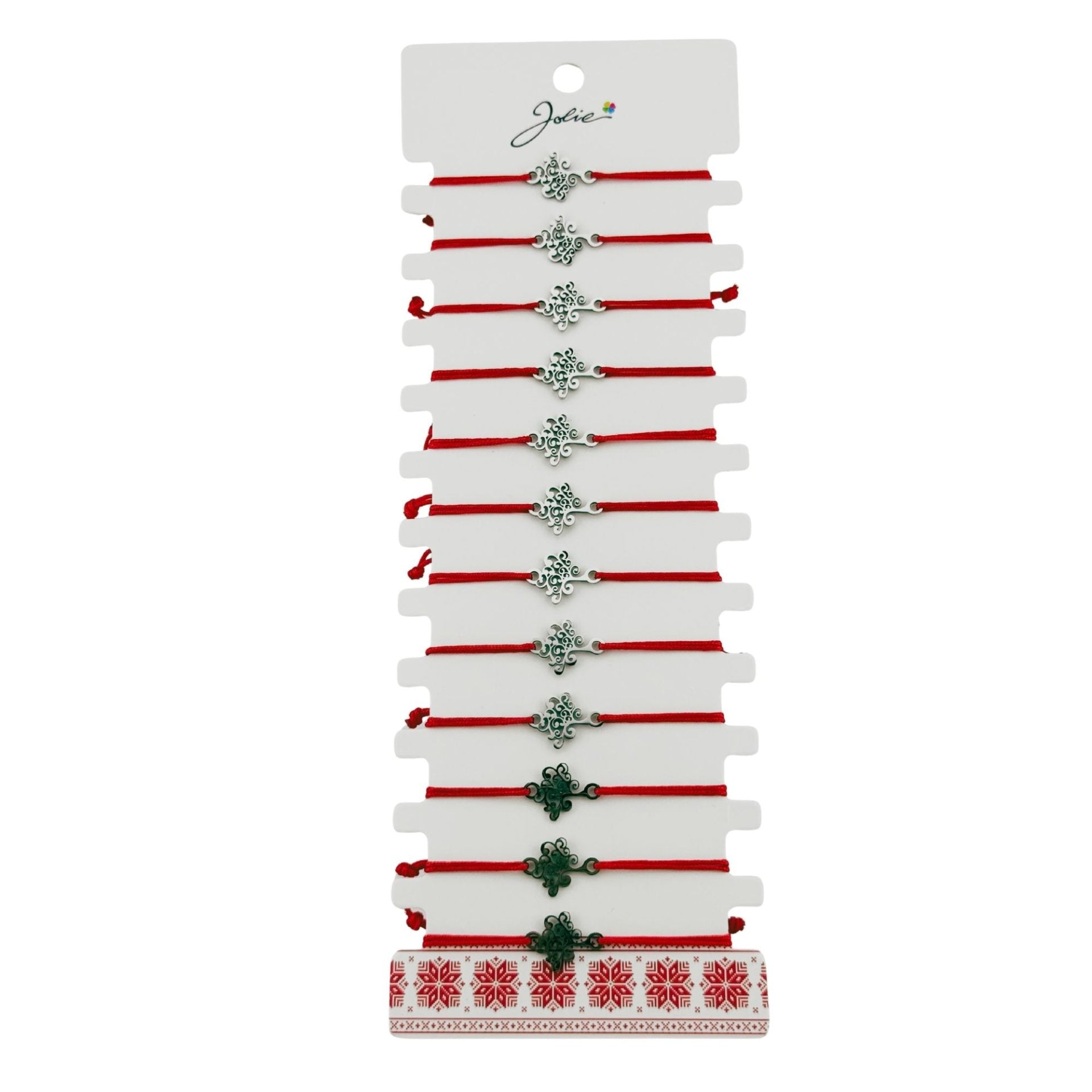 Bratara Martisor pentru Dama, Jolie, Model Copacul Vietii, Set 12 bucati, Pandativ Argintiu din Inox cu Snur Rosu