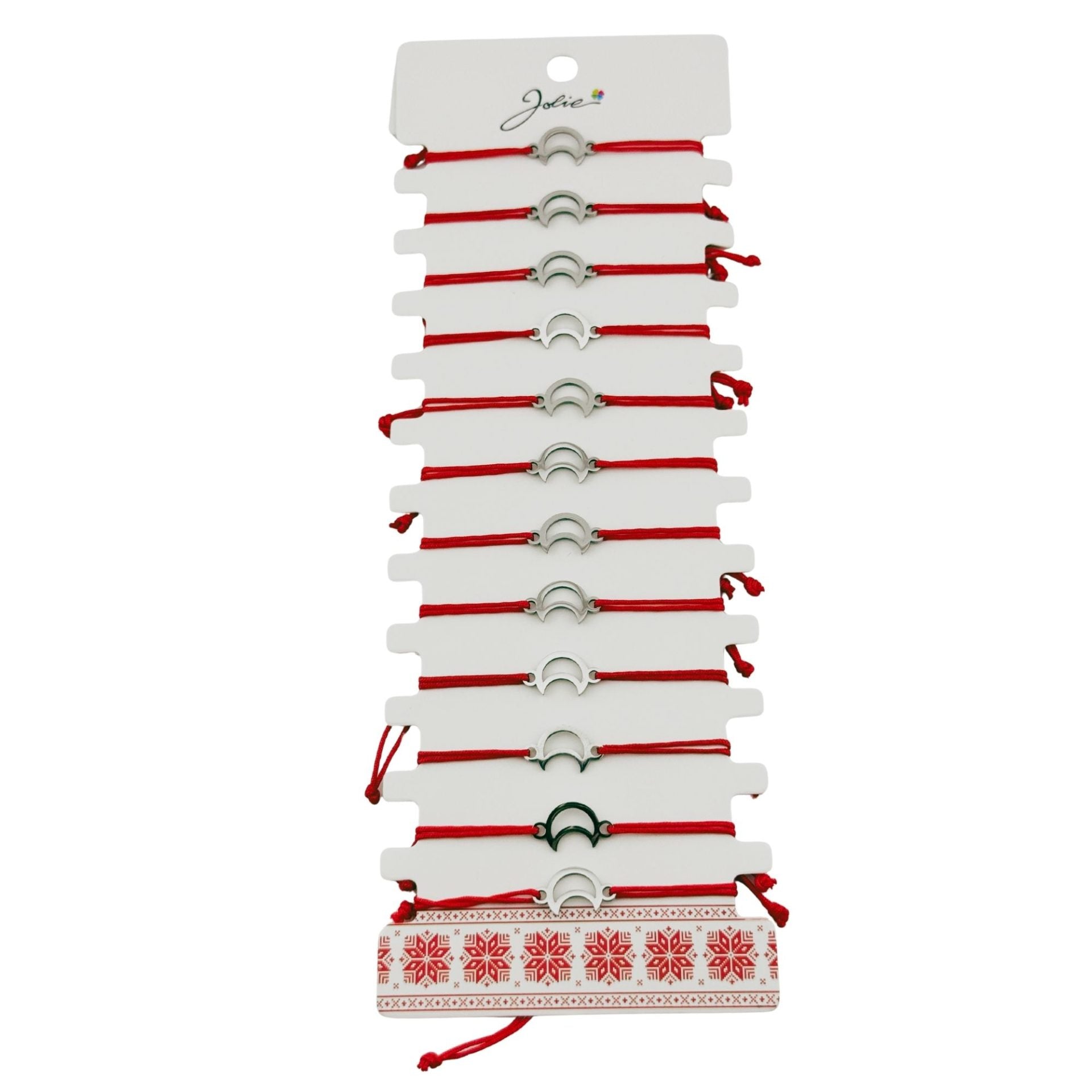 Bratara Martisor pentru Dama, Jolie, Model Semiluna, Set 12 bucati, Pandativ Argintiu din Inox cu Snur Rosu Ajustabil