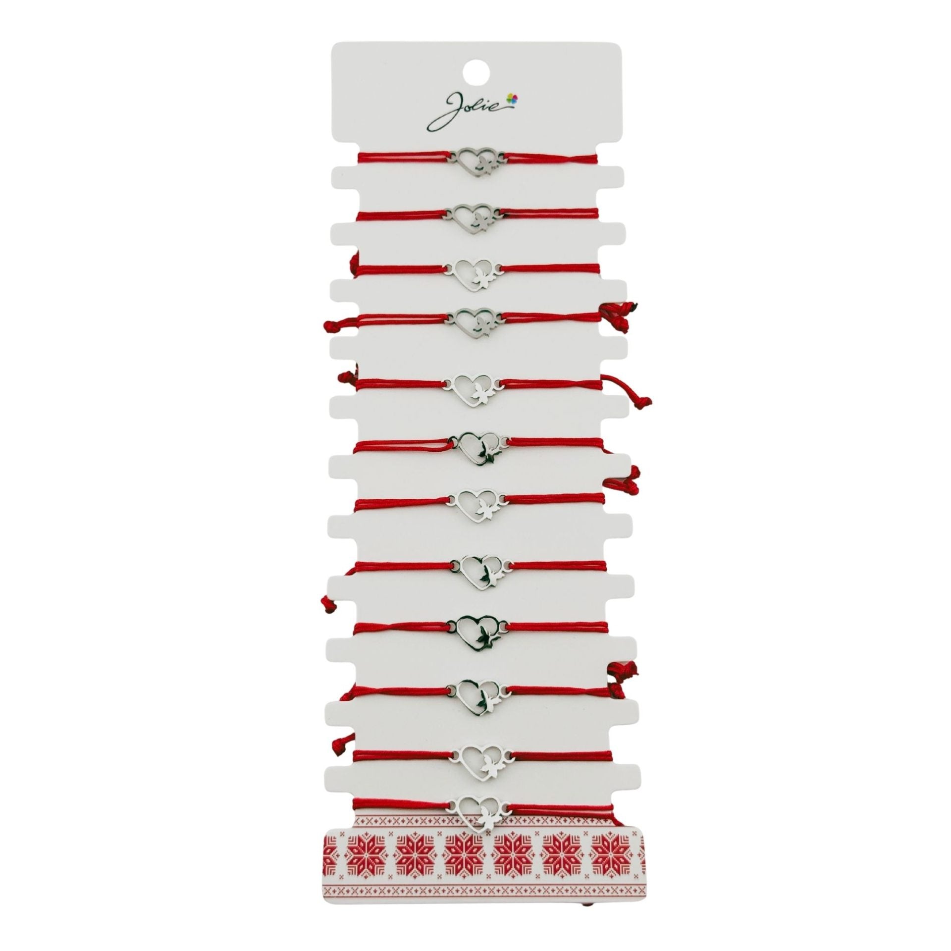 Bratara Martisor pentru Dama, Jolie, Model Inima cu Fluture, Set 12 bucati, Pandativ Argintiu din Inox cu Snur Rosu