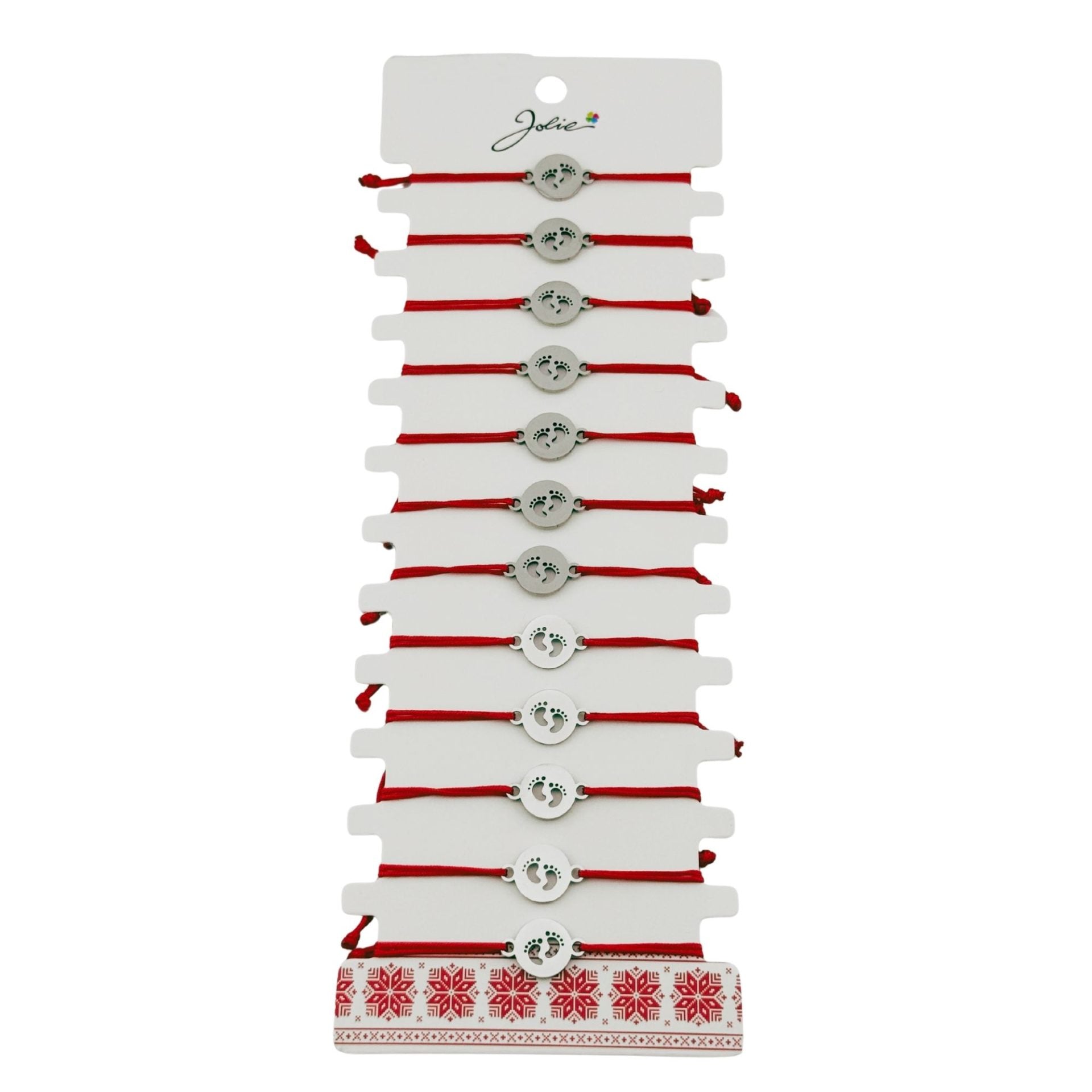 Bratara Martisor pentru Dama, Jolie, Model Talpi in Cerc, Set 12 bucati, Pandativ Argintiu din Inox cu Snur Rosu