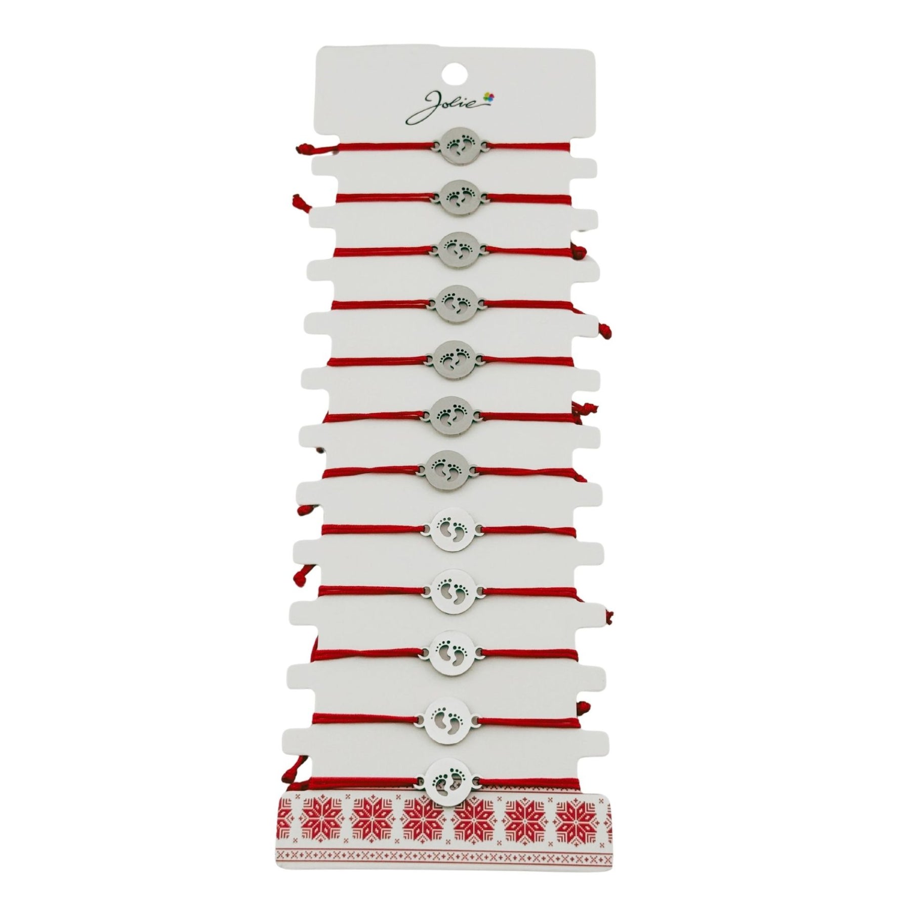 Bratara Martisor pentru Dama, Jolie, Model Talpi in Cerc, Set 12 bucati, Pandativ Argintiu din Inox cu Snur Rosu