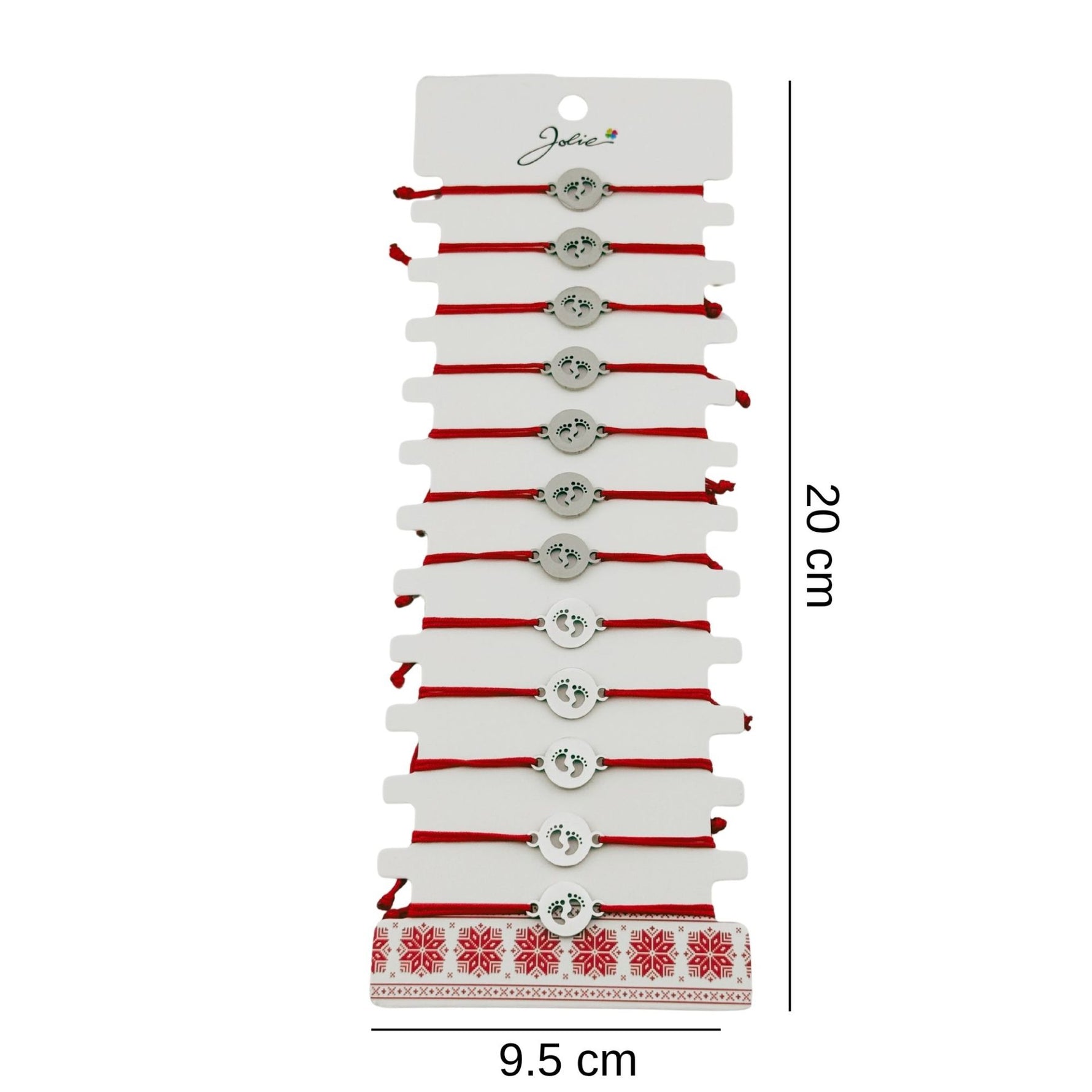 Bratara Martisor pentru Dama, Jolie, Model Talpi in Cerc, Set 12 bucati, Pandativ Argintiu din Inox cu Snur Rosu