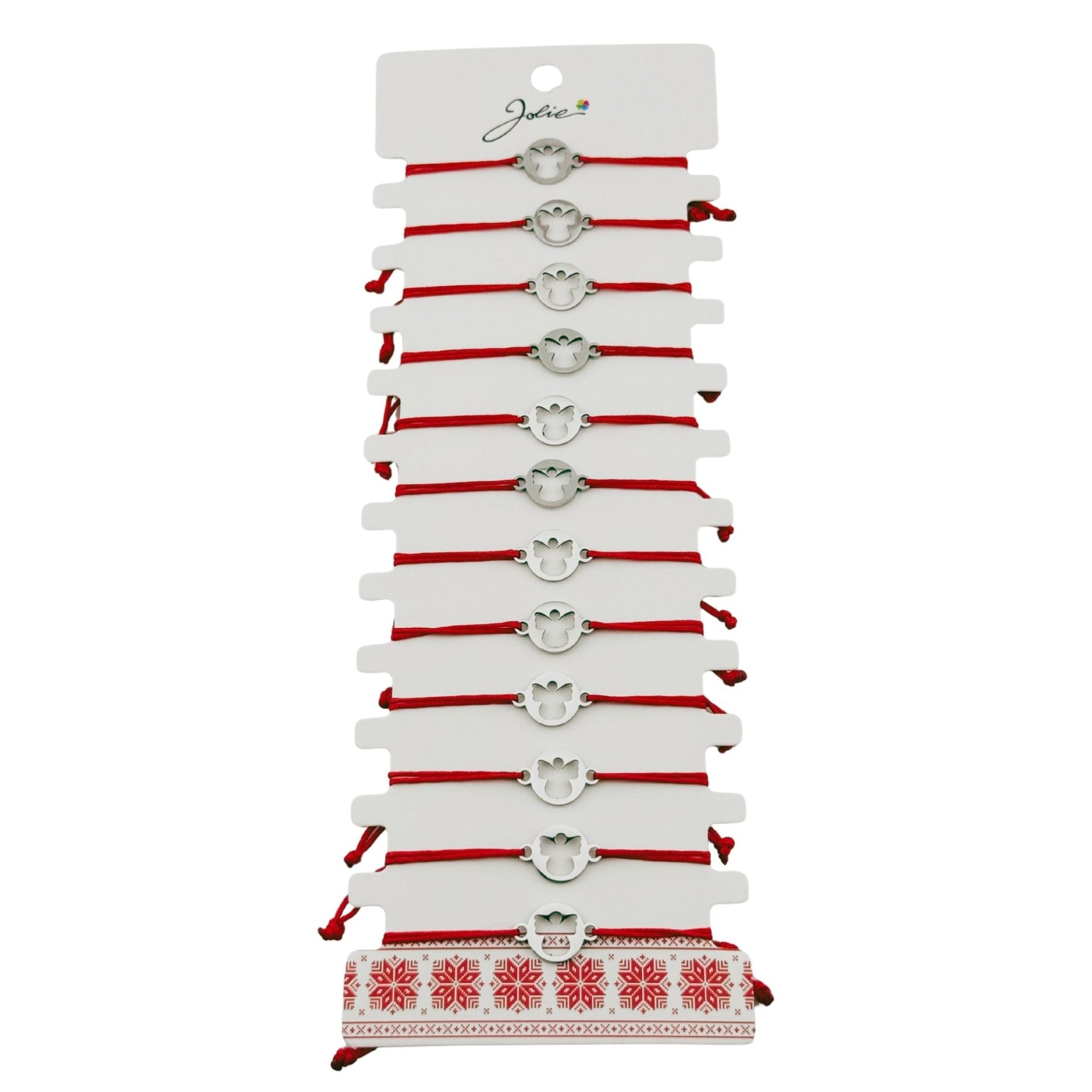 Bratara Martisor pentru Dama, Jolie, Model Inger in Cerc, Set 12 bucati, Pandativ Argintiu din Inox cu Snur Rosu