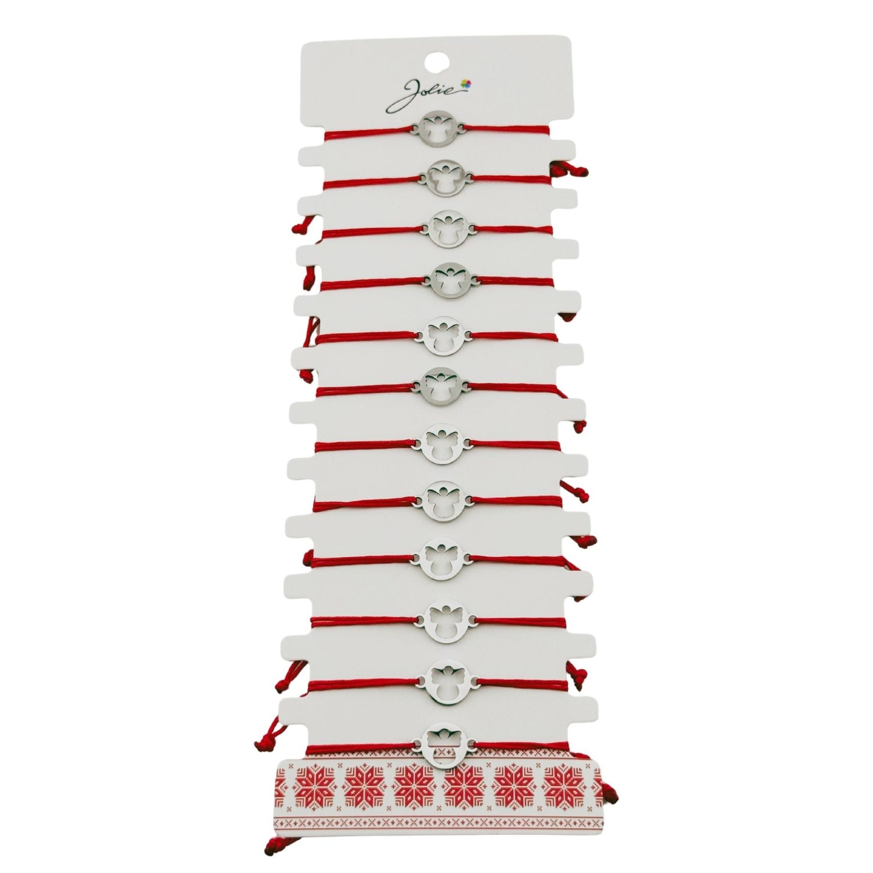 Bratara Martisor pentru Dama, Jolie, Model Inger in Cerc, Set 12 bucati, Pandativ Argintiu din Inox cu Snur Rosu